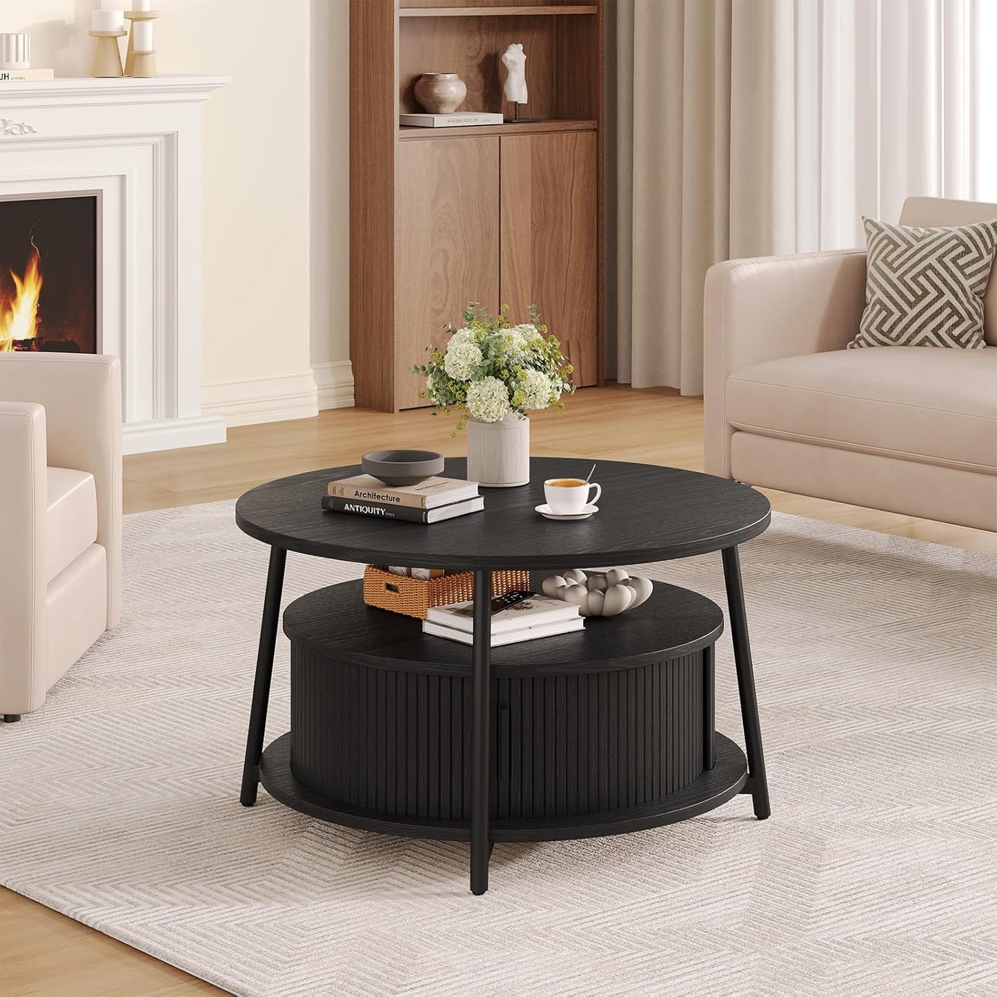 ONBRILL 31.5" Round Coffee Table with Storage and 2 Tiers, Black | Mid-Century Modern Center Table with 2 Sliding Doors and Adjustable Footpad for Living Room