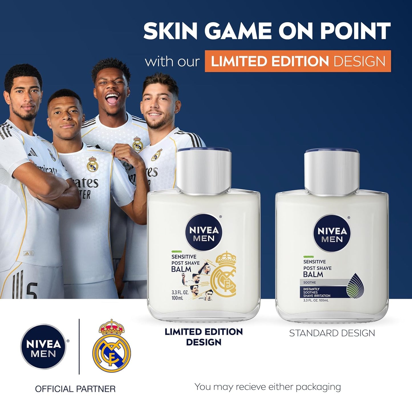 NIVEA MEN Real Madrid Limited Edition Design Sensitive Post Shave Balm, with VitaminPro Complex, Alcohol Free After Shave Balm for Men, 3.3 Fl Oz Bottle, Pack of 3