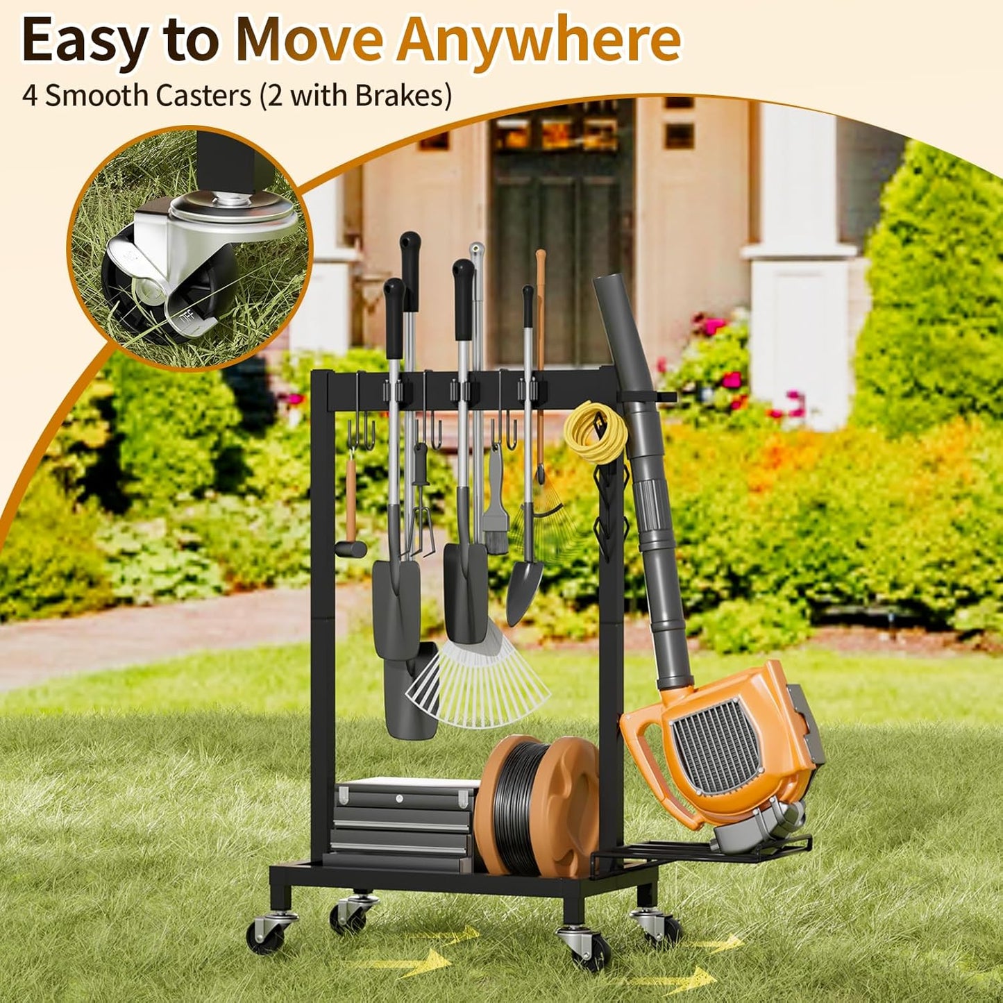 Broom Holder with Cleaning Supplies Organizer Load 160 LBS Cleaning Cart with Wheels Broom Closet Storage with 6 Mop Hanger Grippers, 3 Double-Hooks, Vacuum Stand for Laundry Garage Organization
