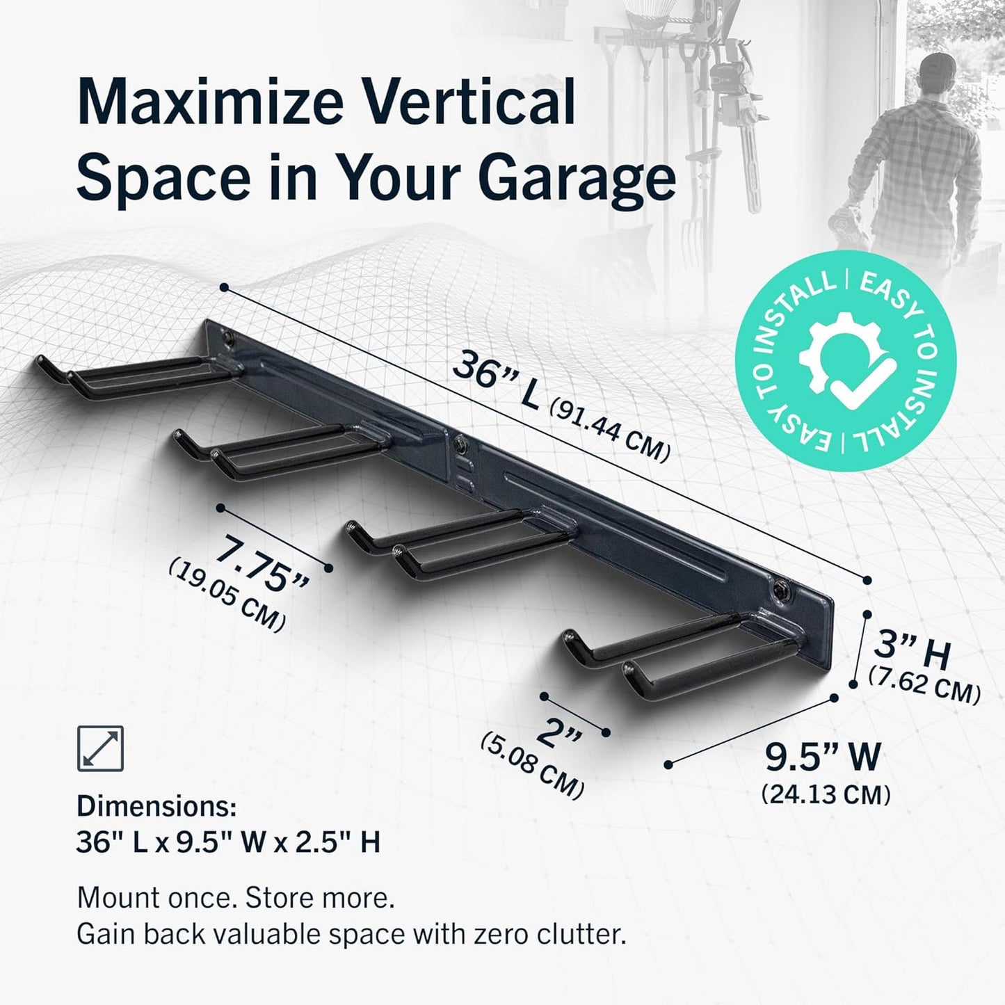 StoreYourBoard 36" Garage Tool Organizer Wall Mount | Garden Tool Organizer System | Heavy Duty Garden Tool Storage Rack for Yard Tools Rakes Shovels 250lbs Garage Organization | 4 PVC Coated Hooks