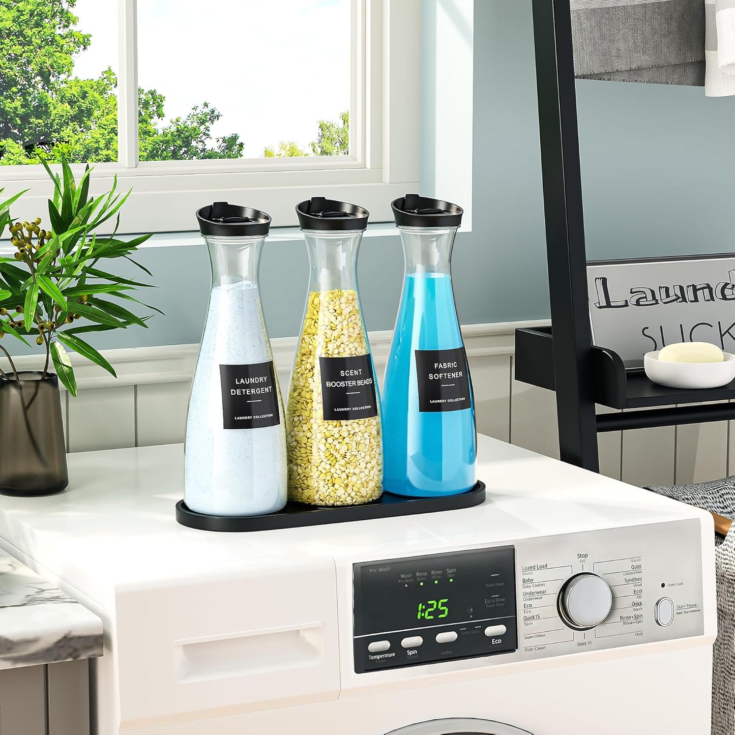 Galasily 3 Pack Laundry Detergent Dispenser Container with Tray, 54OZ Liquid Laundry Soap Dispenser with 12 Labels, Black Laundry Room Organization for Powder, and Fabric Softener