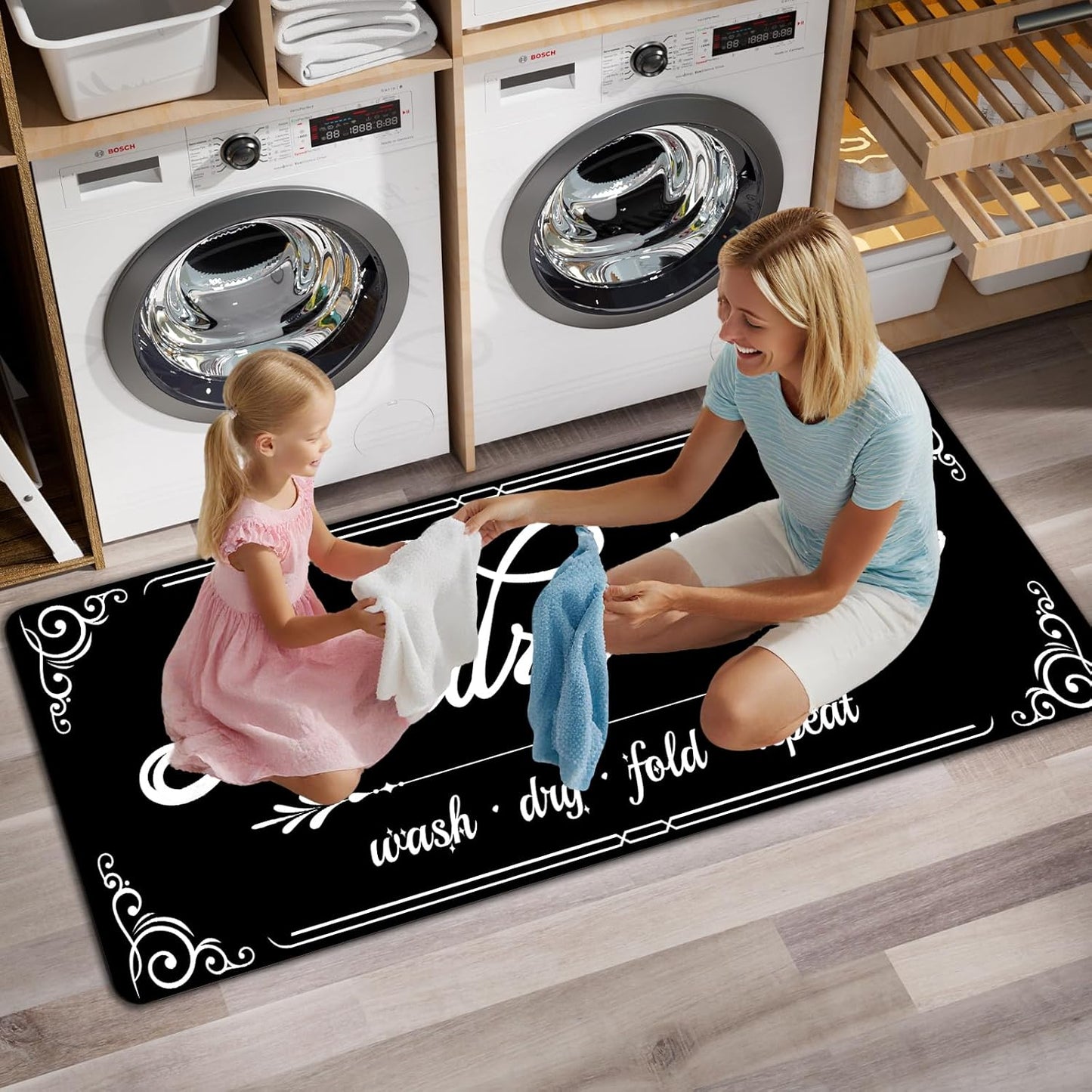 Non-Slip Laundry Room Rug Runner 17.3"x47.2" Washable Floor Cushioned Rubber Carpet Black Bathroom Hallway Mudroom Kitchen Mat for Farmhouse Entryway Washroom Decor Accessories