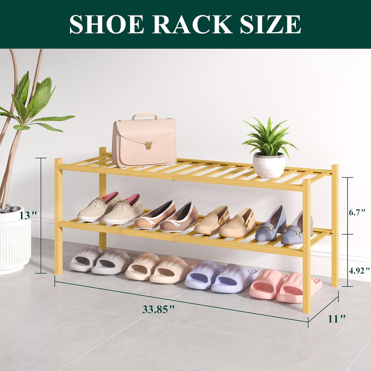 Smiry Bamboo Shoe Rack for Closet, 2 Tier - 33.86" Wide, Natural