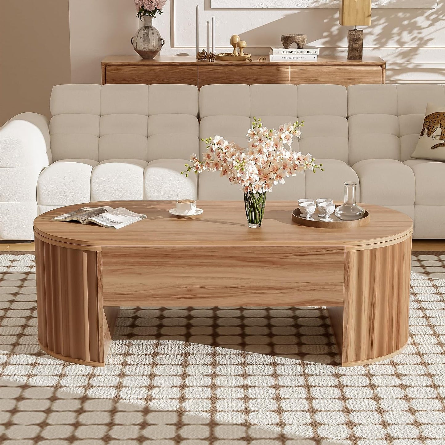 47.2" Lift Top Coffee Table with Hidden Compartment, Modern Oval Fluted Wooden Center Table Cocktail Tea Table with Curved Safety Corners and Adjustable Height for Living Room, Light Brown