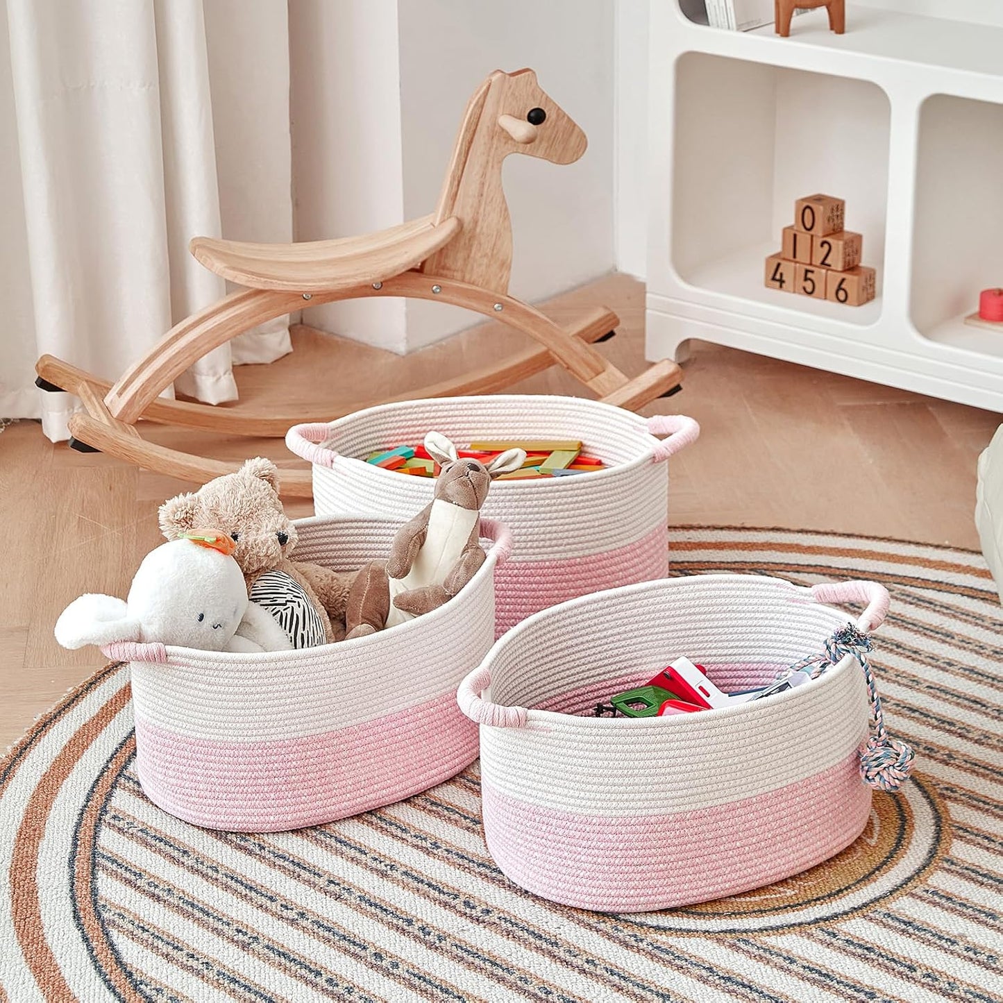 R RUNKA Storage Baskets for Organizing | 15"x10.2"x9.1" - 1 Pack Nursery Bin with Handles - Woven Cotton Rope Baskets for Dog Toys, Books, Shelf, Bathroom,Closet -Pink Basket for Girls