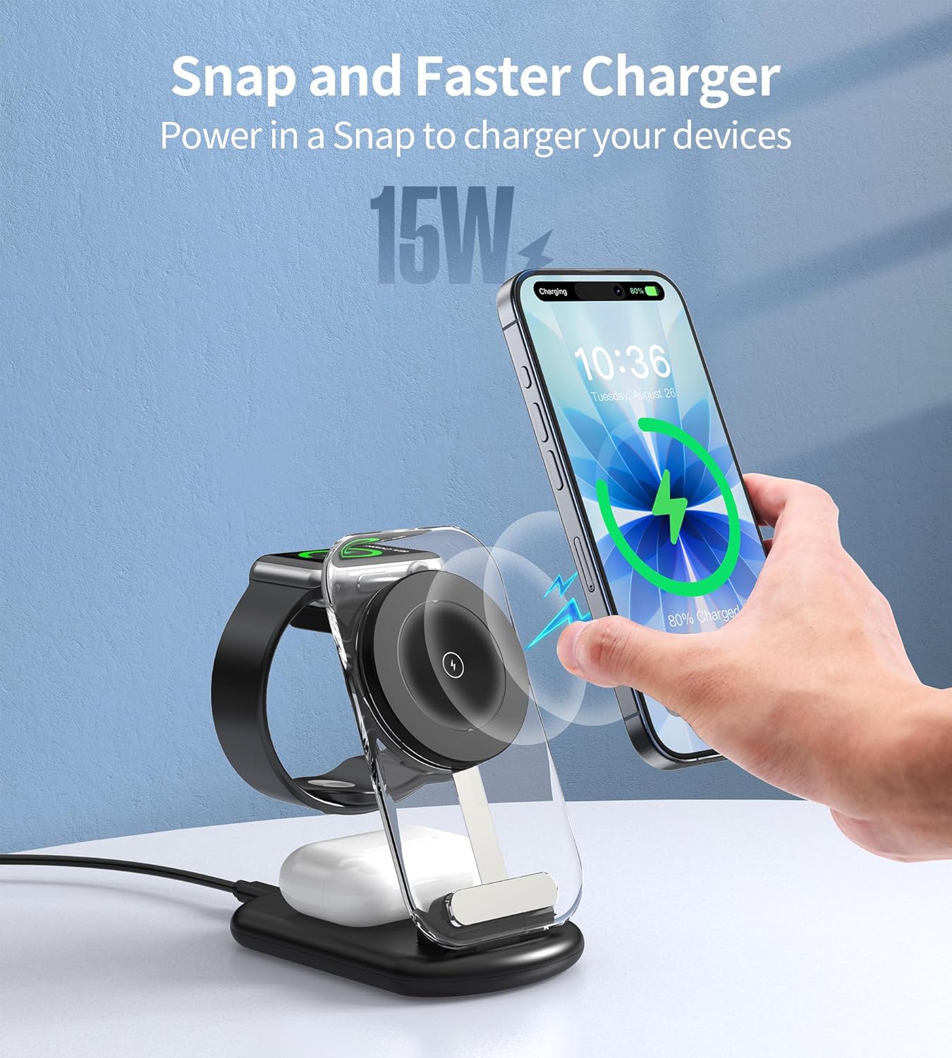 3 in 1 Magnetic Wireless Charging Station for Apple Devices, Fast Foldable Travel Mag-Safe Charger Stand with Night Light for iPhone 17 16 15 14 13 12 Series, Apple Watch/AirPods Pro-Gift for Friends