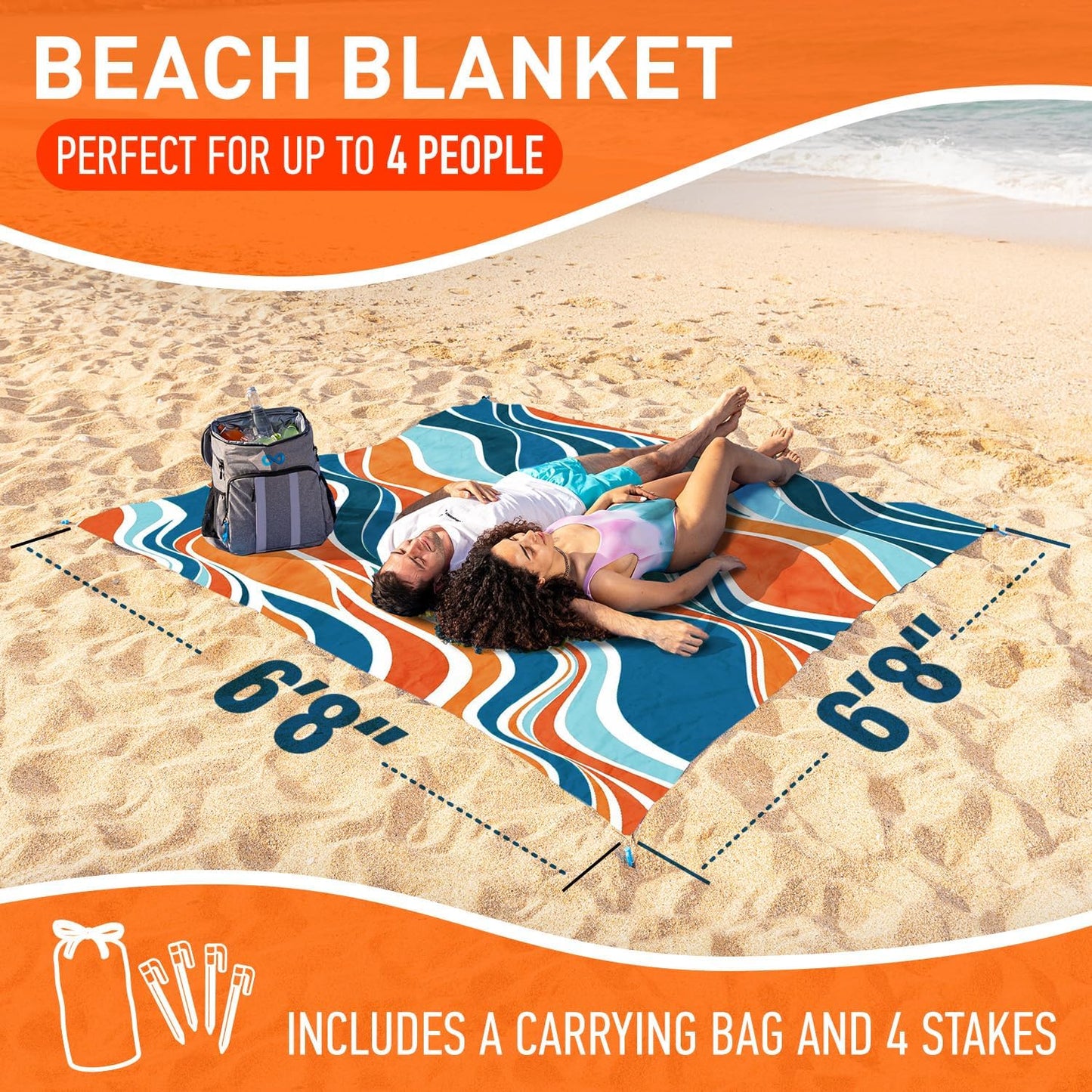 Everlasting Comfort Large Beach Blanket Waterproof & Sandproof - 80" x 80"/ 6.7ft x 6.7ft - Lightweight Picnic Mat, Camping Necessities for 4 People - Accessories for Outdoor Festivals - Orange