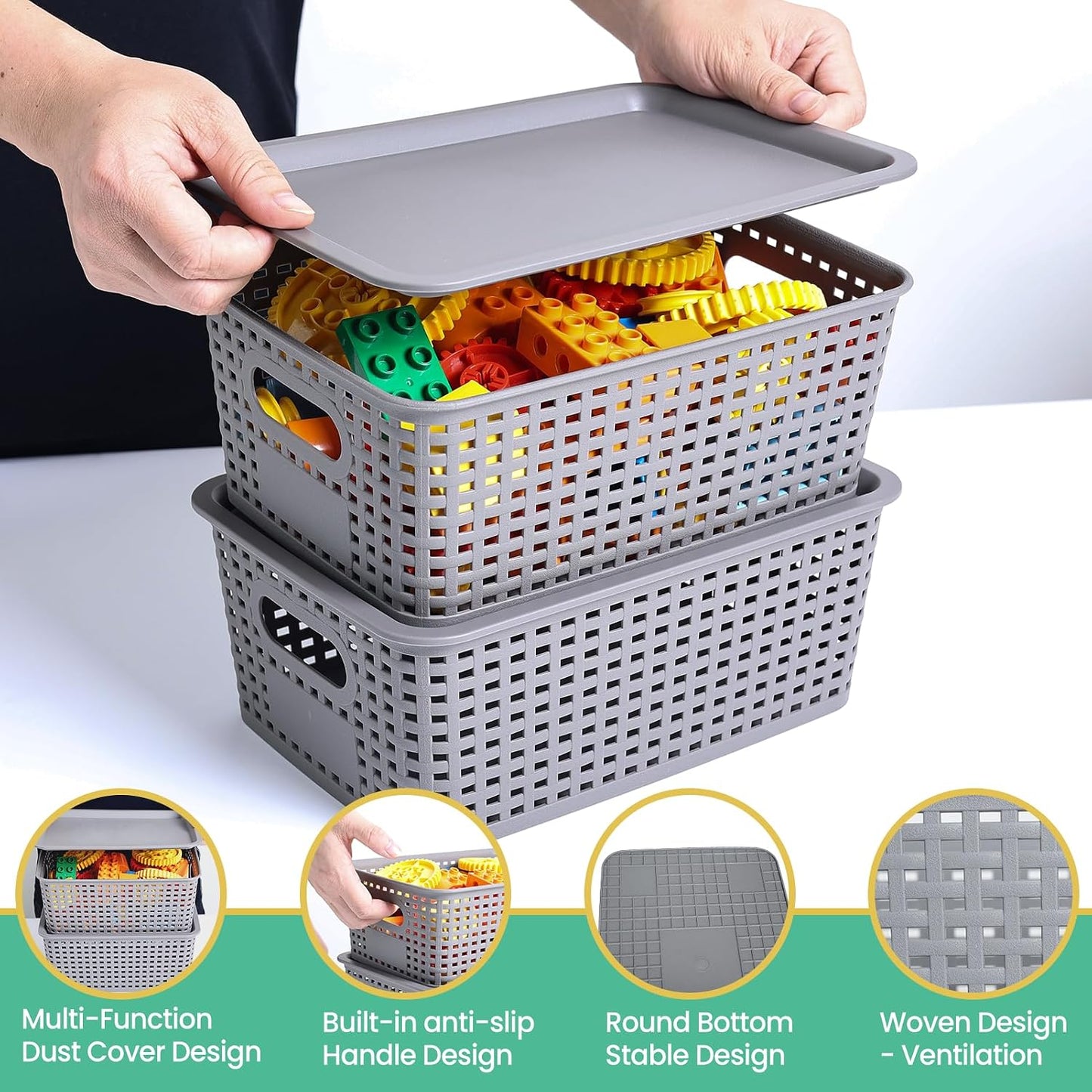 Ohmlove 8 Pack Plastic Storage Baskets with Lids for Organization