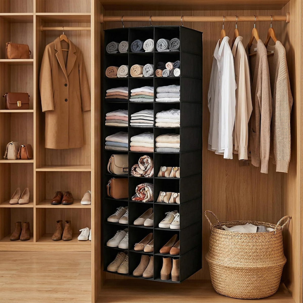 30 Section Hanging Shoe Organizer for Closet, Black