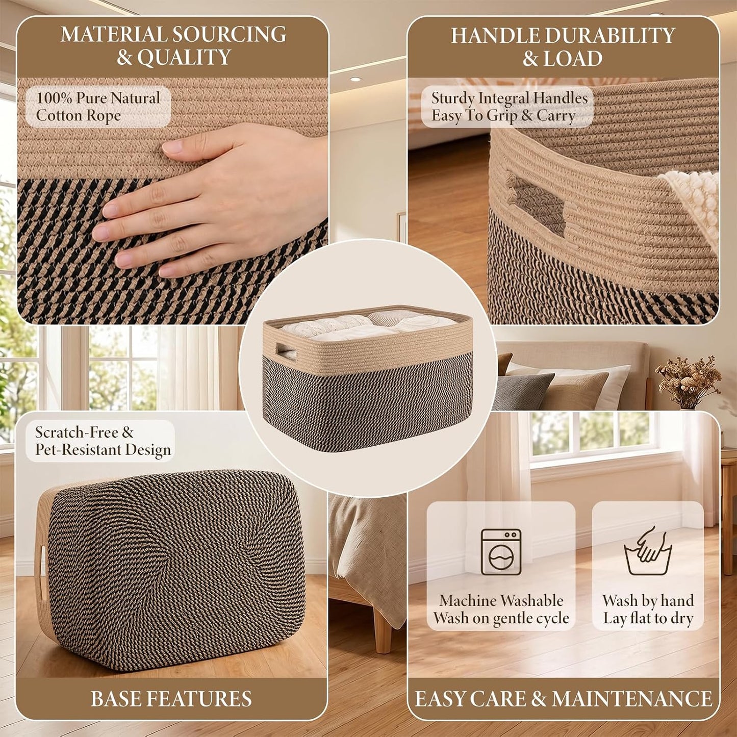 75L Large Cotton Rope Basket, Soft Toy Storage Bin for Nursery & Living Room, Decorative Blanket Basket for Bedroom, Baby-Safe Organizer for Pillows &Laundry, 22''×17''×12'', Brown & Black