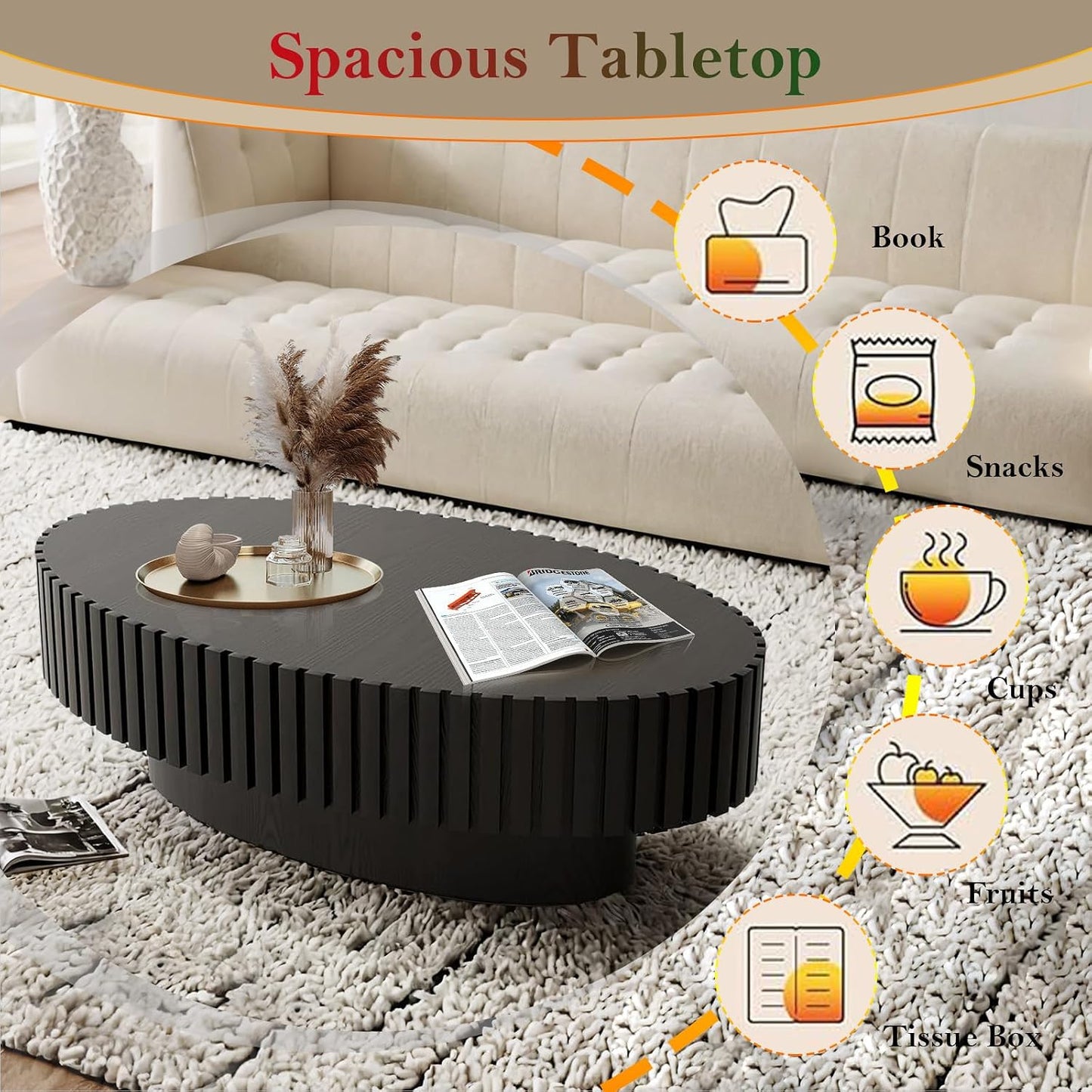 Handcraft Fluted Coffee Table with Sturdy Pedestal (Oval Black 43.3in) | 43.3" Oval Drum Center Tables | for Living Room Apartment Farmhouse | Easy to Assembly