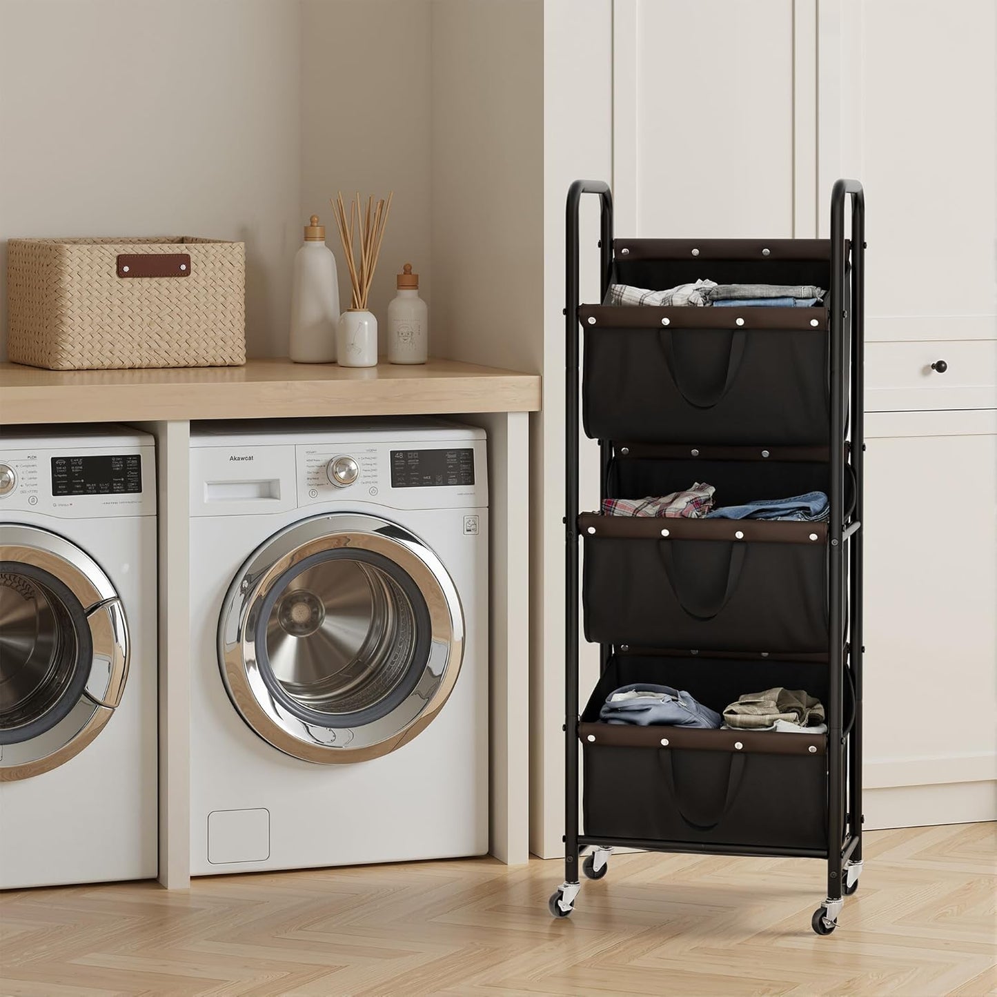 GRANNY SAYS 3 Section Tiered Laundry Sorter, Slim Vertical Laundry Hamper with Wheels, Narrow Rolling Laundry Cart with Removable Bags for Laundry Room, Bathroom, Closet, Dorm, Black