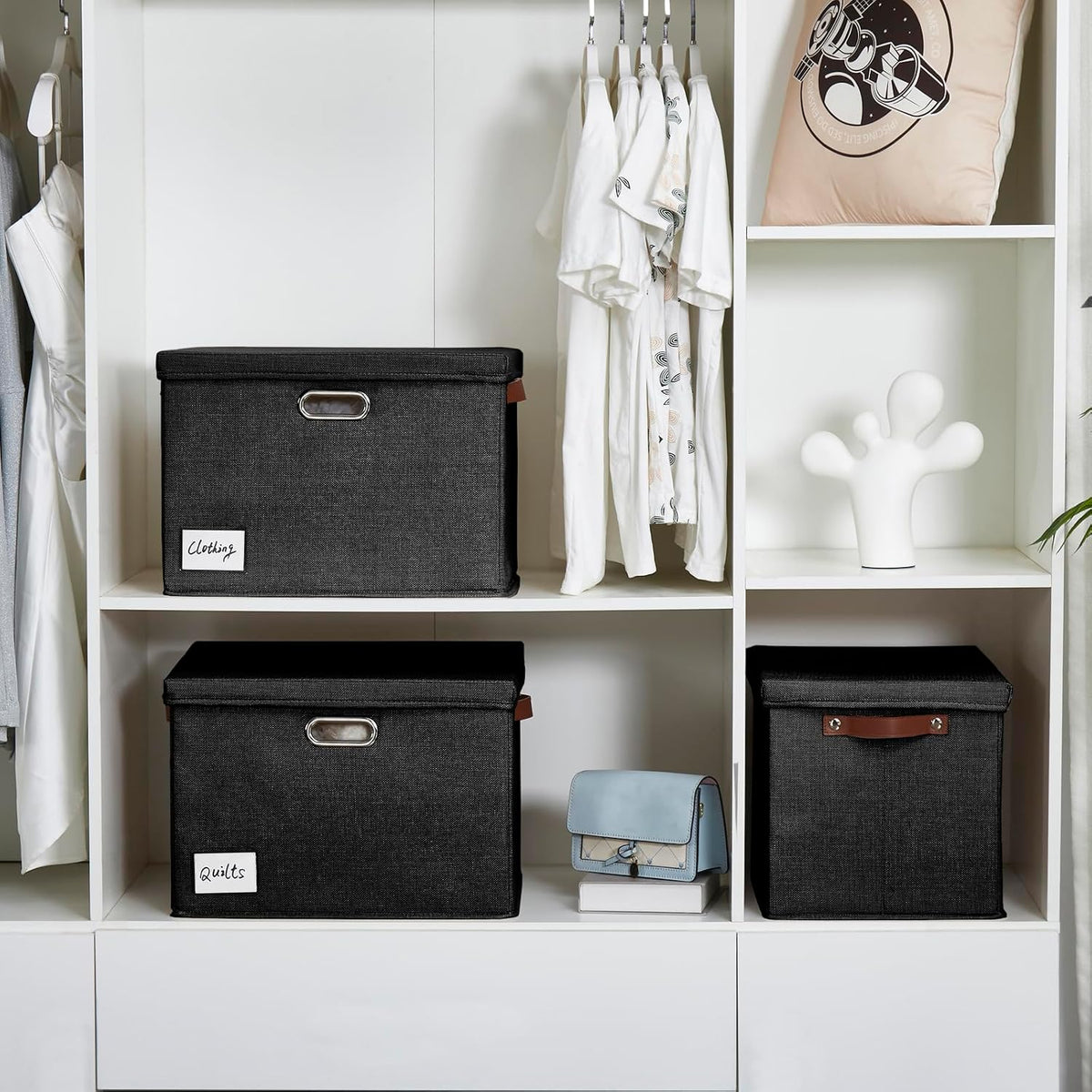 Roobyl 17" Large Fabric Storage Box with Lids, 3-Pack, Black