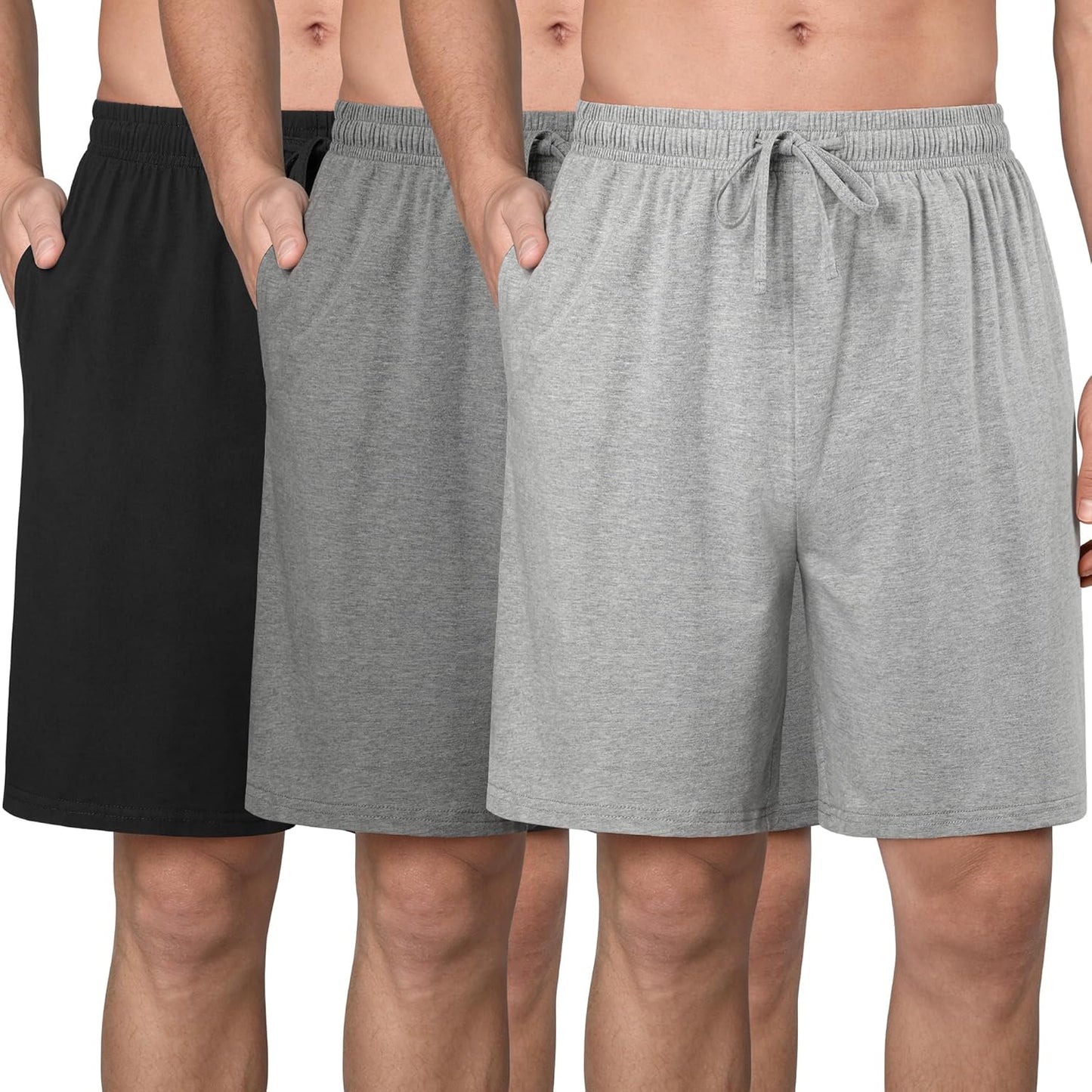 3 Pack Mens Cotton Pajama Shorts Soft Comfortable Lounge Shorts with Drawstring & Two Pockets Sleep Bottoms for Men