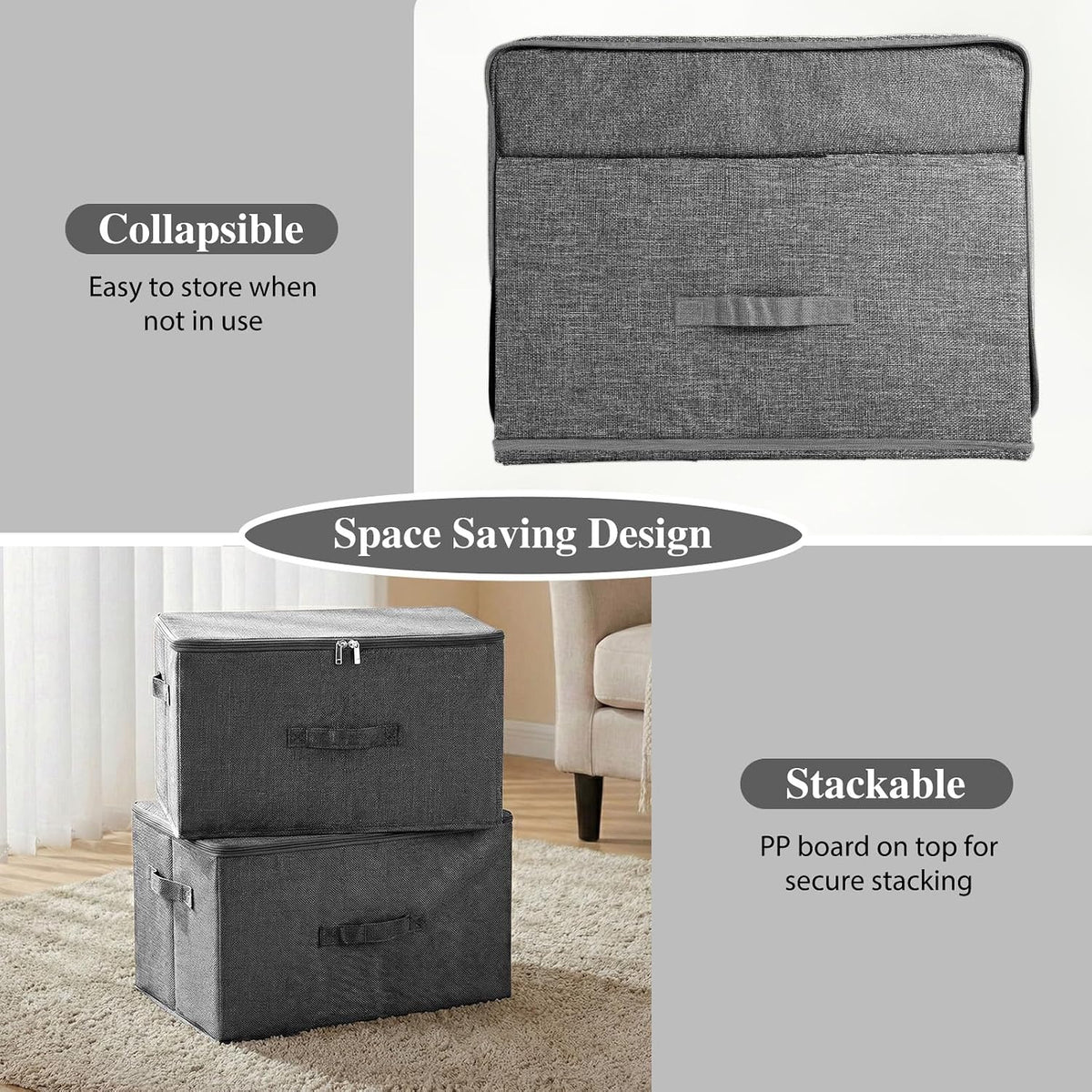 ANMINY Fabric Storage Bins with Zipper Lids, 20"x15"x12", Gray, 2 PCS