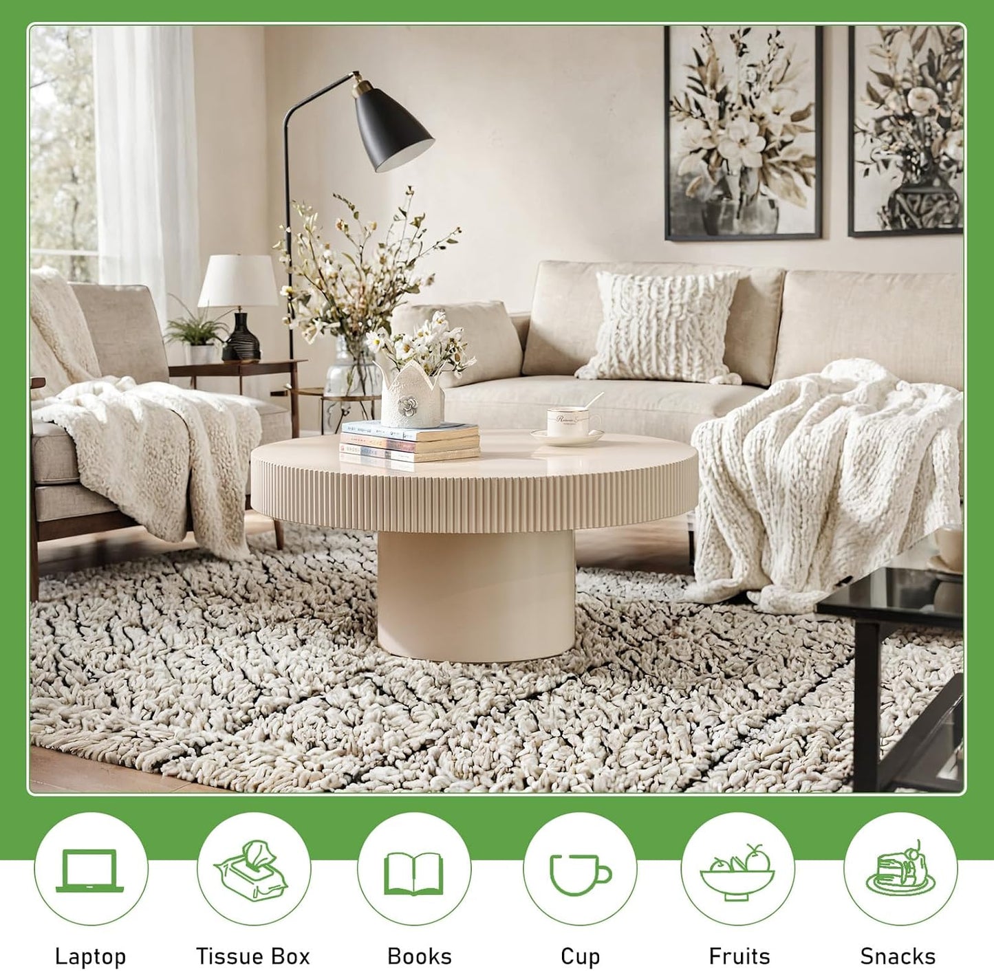 30.71'' Round Coffee Table (White Thin) | Modern Handcraft Drum Coffee Table, Unique Fluted, Wood Center Table, For Living Room, Small Space, Farmhouse, Apartment