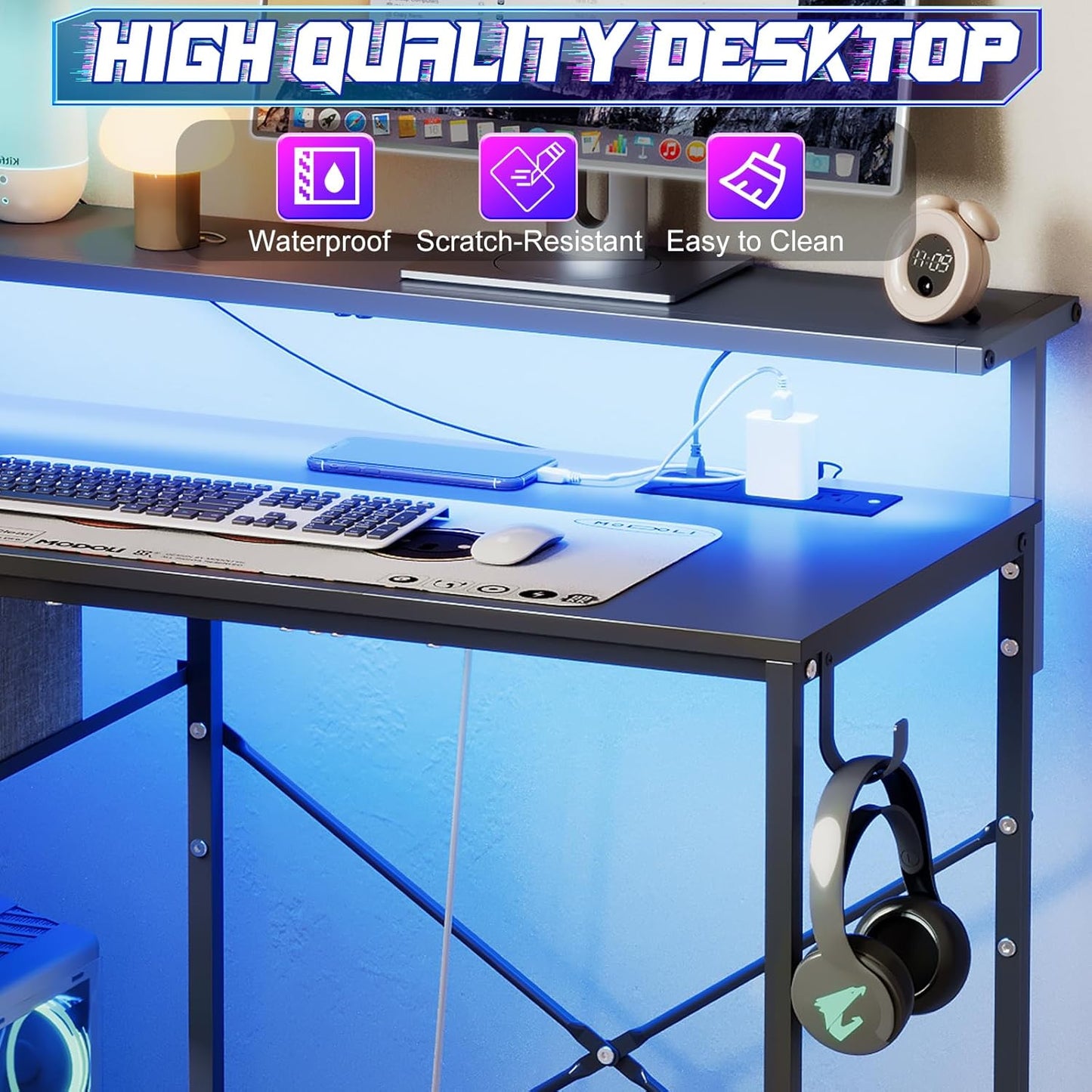 X-cosrack 33.5" Small Gaming Desk with LED Lights & Long Monitor Stand, Compact Computer Desk with Power Outlets & CPU Stand, Gamer Table with Storage Drawer for Home Office, Bedroom Corner, Black