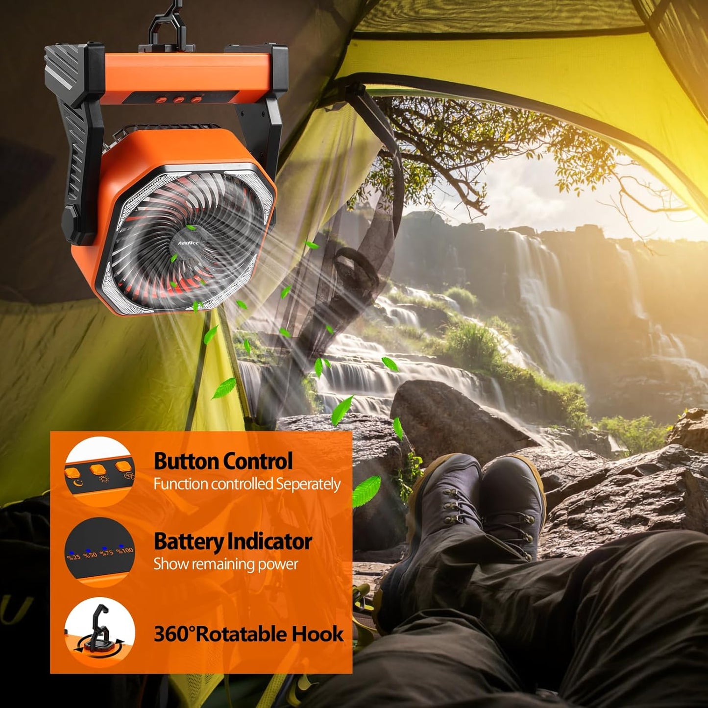 20000mAh Battery Powered Camping Fan, 58Hrs Rechargeable Portable Fan, 400LM Light, 360° Hook, Whisper Quiet Battery Operated Fan for Outdoor Car Travel Gear Essentials Power Outages Co-brand AMACOOL
