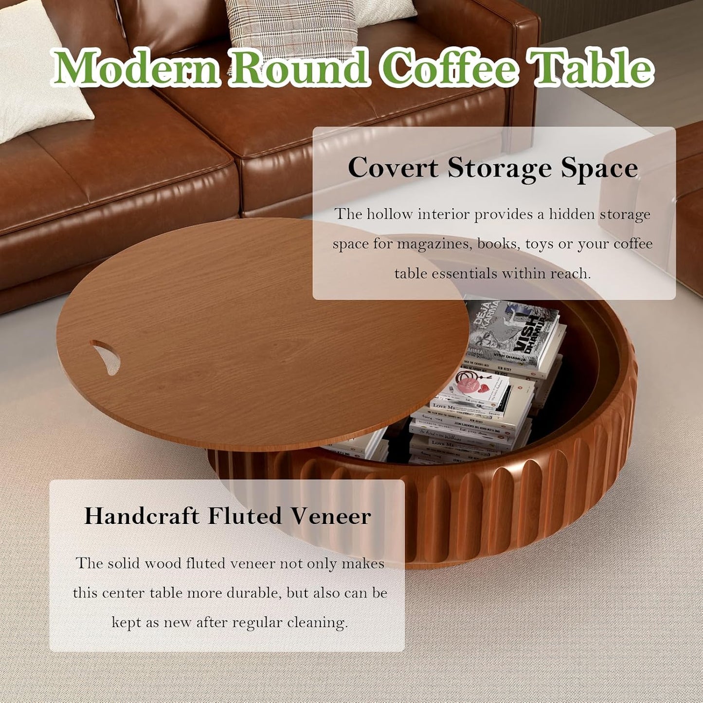 31.5" Round Drum Coffee Table with Storage (A 31.5in) | Rustic Chic Fluted Center Table - Handcraft Solid Wood Veneer Edge | for Living Room Farmhouse