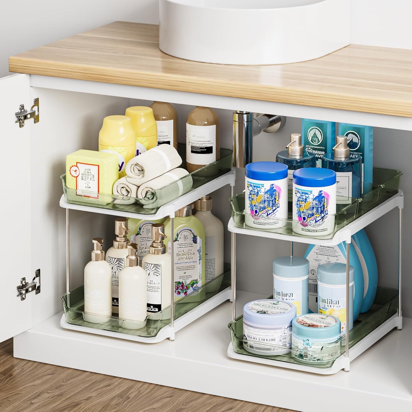 Delamu 2-Tier Multi-Purpose Bathroom Under Sink Organizers and Storage, Stackable Kitchen Pantry Organization, Pull Out Medicine Cabinet Organizer with Movable Dividers, Amber, 2 Pack