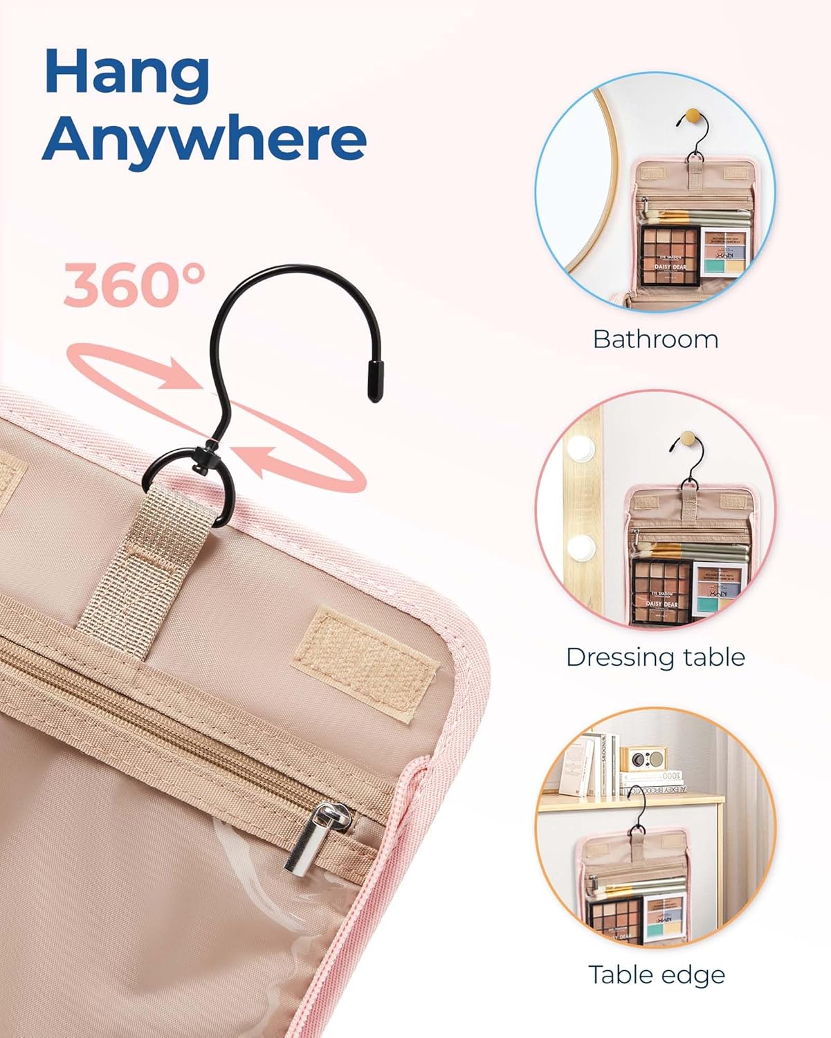 BAGSMART Travel Toiletry Bag, Large Capacity Cosmetic Bags for Women with Hanging Hook, Water-resistant for Toiletries Accessories Brushes Sponge, With Handle