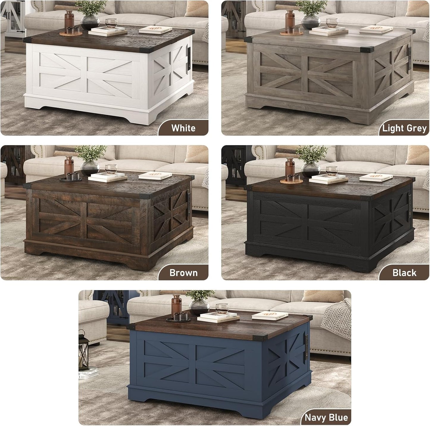 Hlivelood 36" Farmhouse Movable Lift Top Coffee Table with Storage and Power Outlets, Square Wood Living Room Tables with Wheels&Large Hidden Space, Lift Wooden Barn Door Center Table, Black