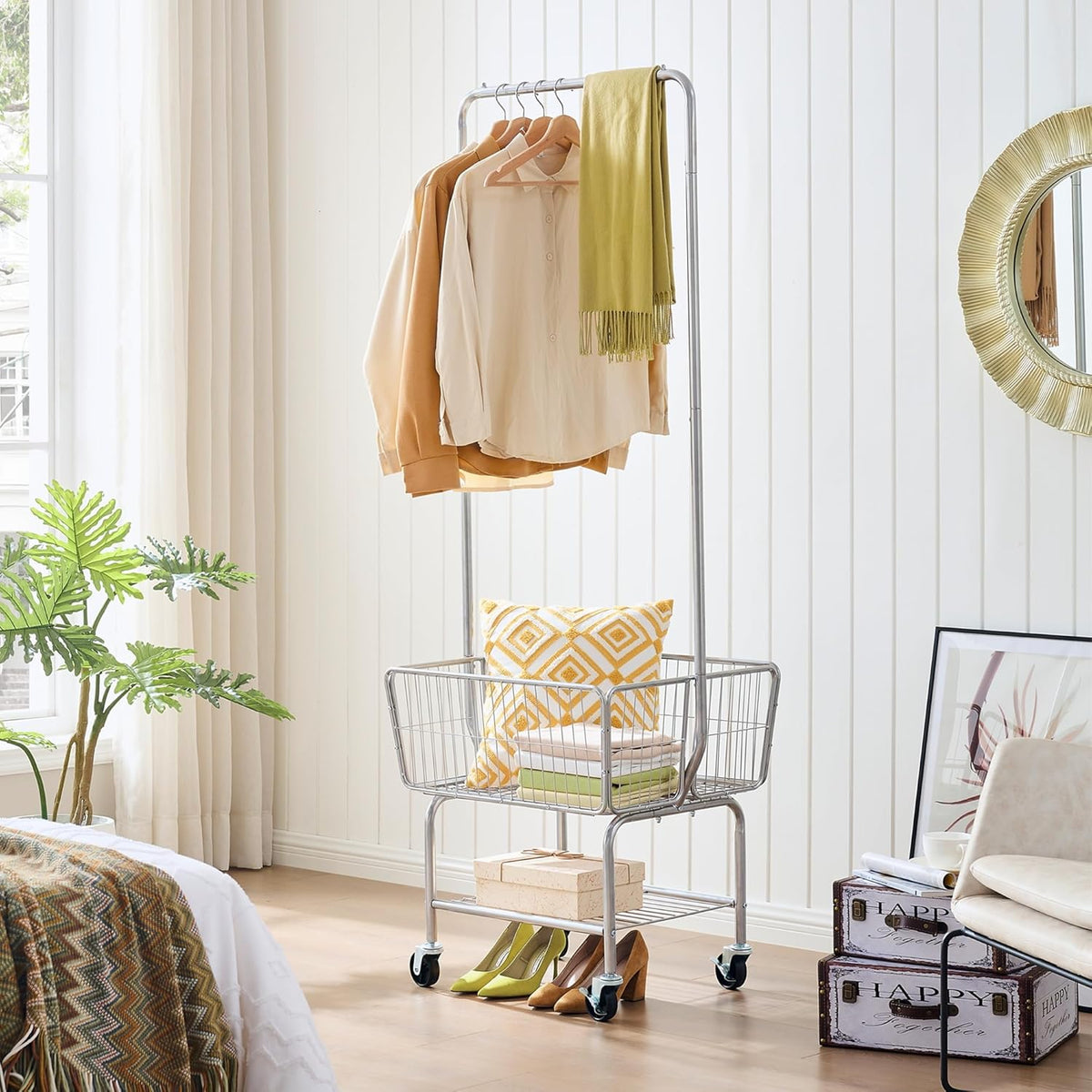 Tajsoon Laundry Cart with Hanging Rack, Metal Rolling Laundry Cart with Wheels and Storage Basket, Silver