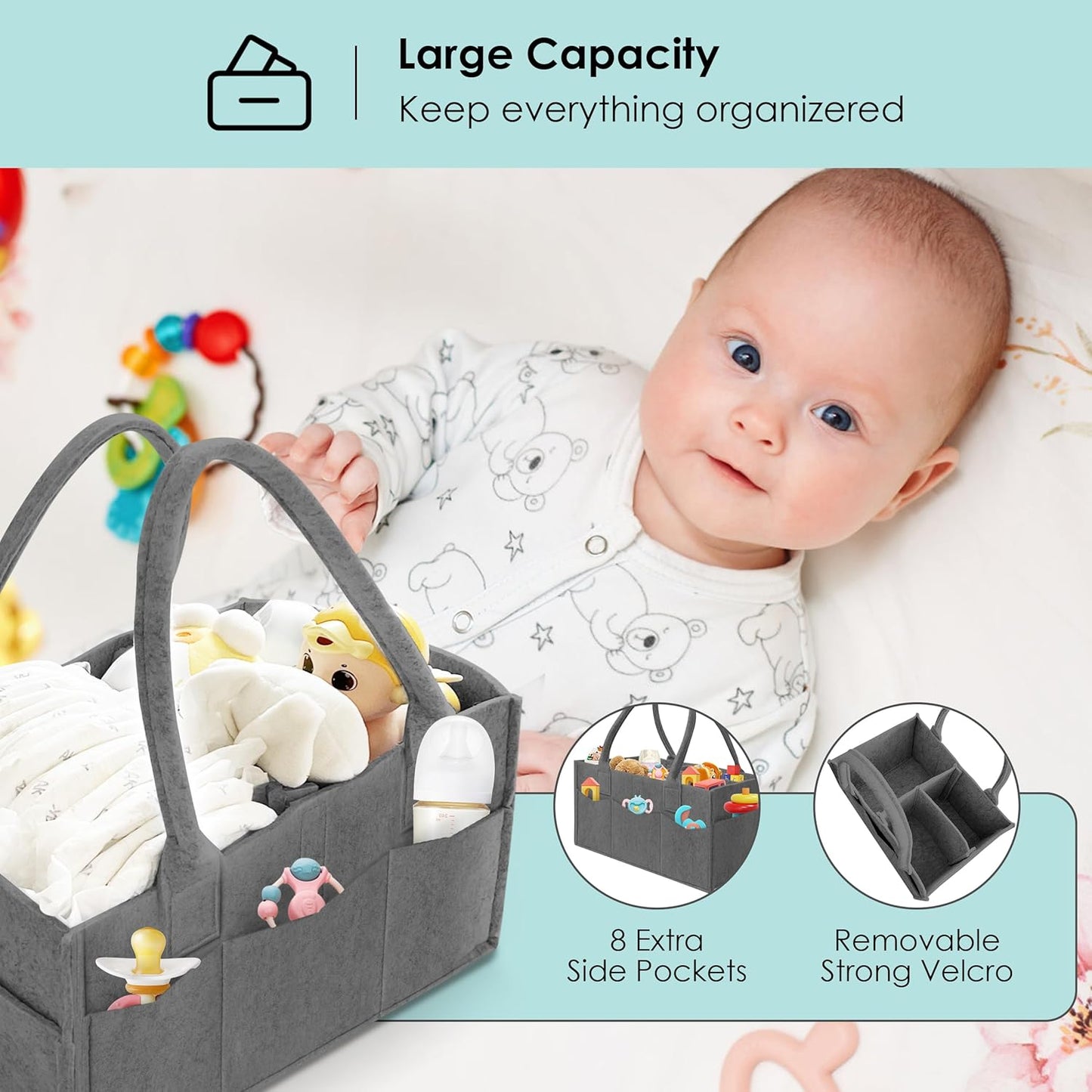 HIPHOP PANDA 2-Pack Diaper Caddy Organizer - Nursery Storage Bin & Car Organizer for Diapers, Wipes, and Baby Essentials - Dual-Color Solid Set (Dark Grey/Grey), Regular Size