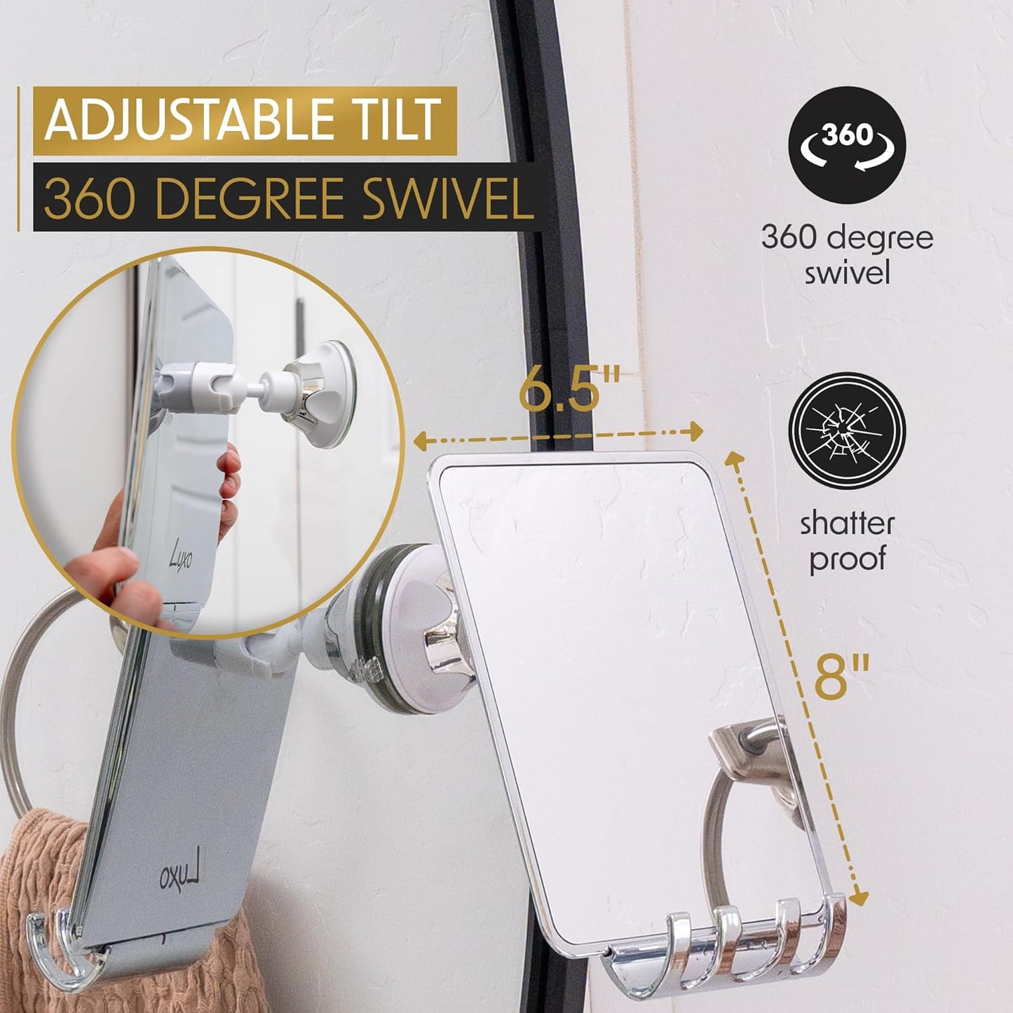 Luxo Shower Mirror, Shower Mirror fogless for Shaving with a Removable Razor Holder - Shaving Mirror for Shower with a Powerful Suction Cup - Shatterproof fogless Mirror for Shower (Chrome)