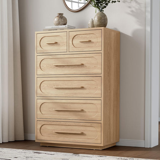 6 Drawer Dresser for Bedroom, 44" Tall Modern Chest of Drawers with Solid Wood Handle, Large Wood Storage Dresser Organizer for Bedroom, Living Room, Natural Oak
