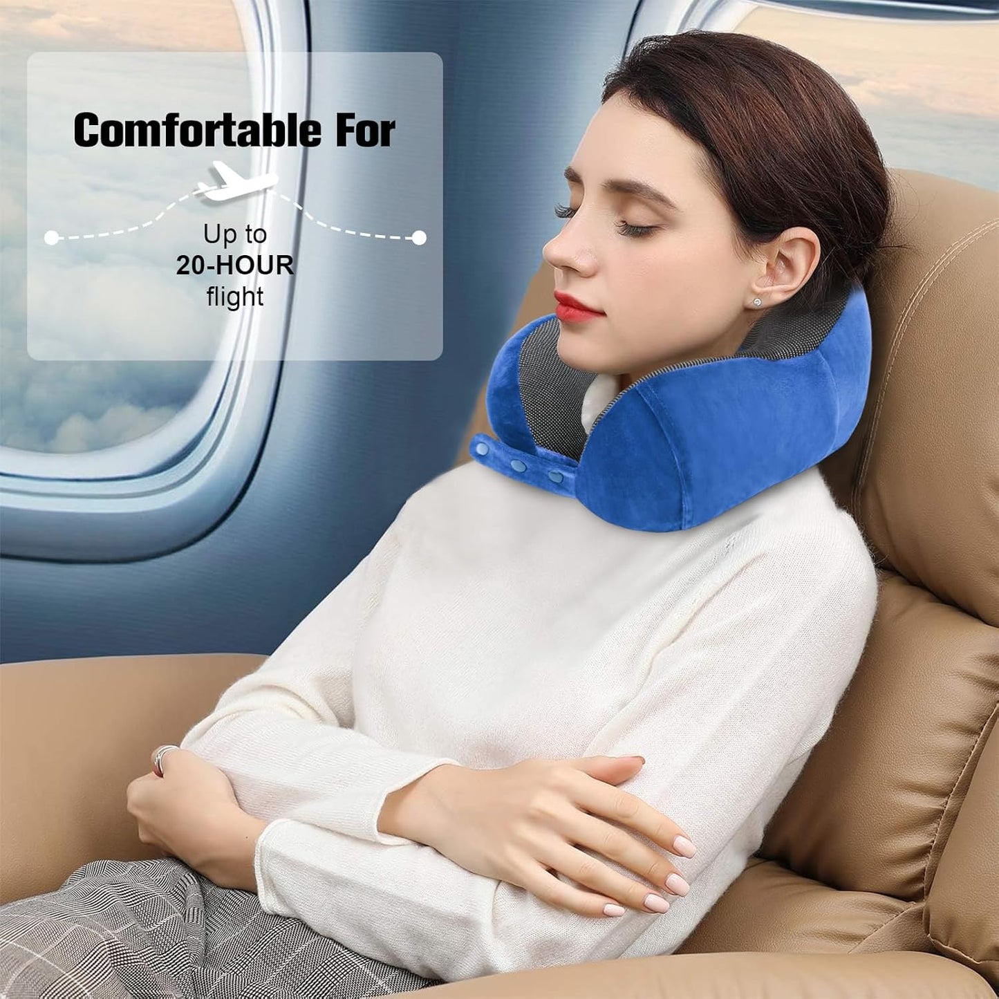 Cirorld Neck Pillow for Traveling, Travel Pillows for Airplanes,100% Pure Memory Foam Travel Neck Pillow, Adjustable Flight Pillow, Portable Plane Accessories with Eye Mask, Earplugs, Carry Bag