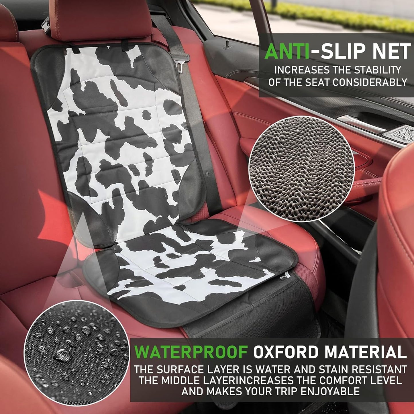 Siivton Car Seat Protector for Child Car Seat,Waterproof Car Seat Cover with Thick Padding, Non-Slip Backing, Protects Fabric & Leather Seats, 2 Mesh Storage Pockets(Cow Print)