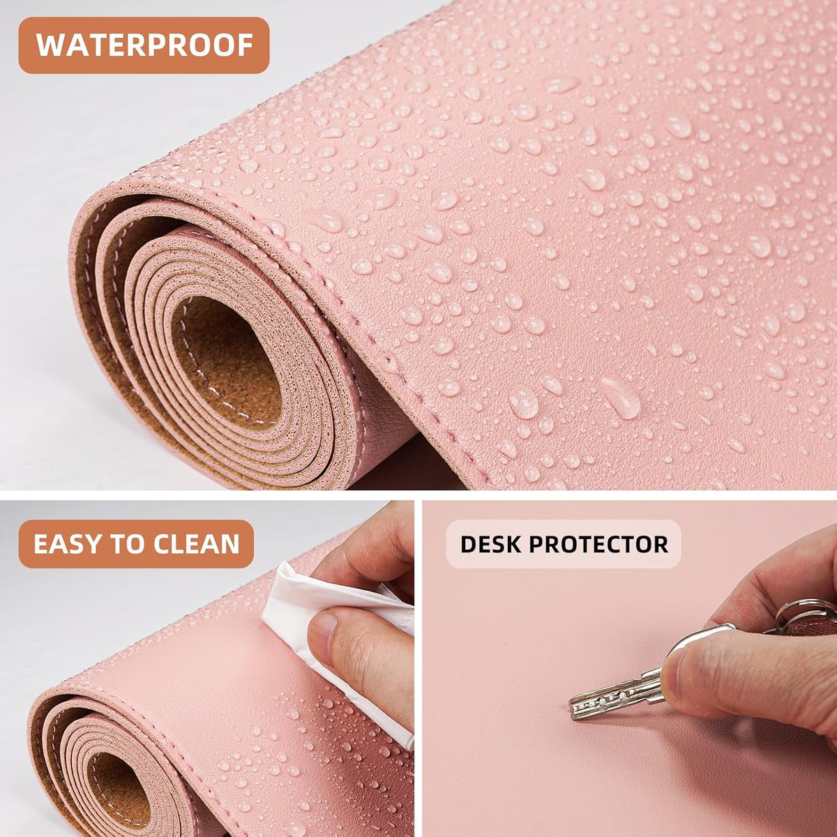 AFIING Large Desk Mat 47.2" x 17.5", Leather Desk Pad Protector with Natural Cork & PU Leather, Non-Slip Office Desk Mat, Double-Sided Mouse Pad, Waterproof Large Desk Pad for Office and Home (Pink)