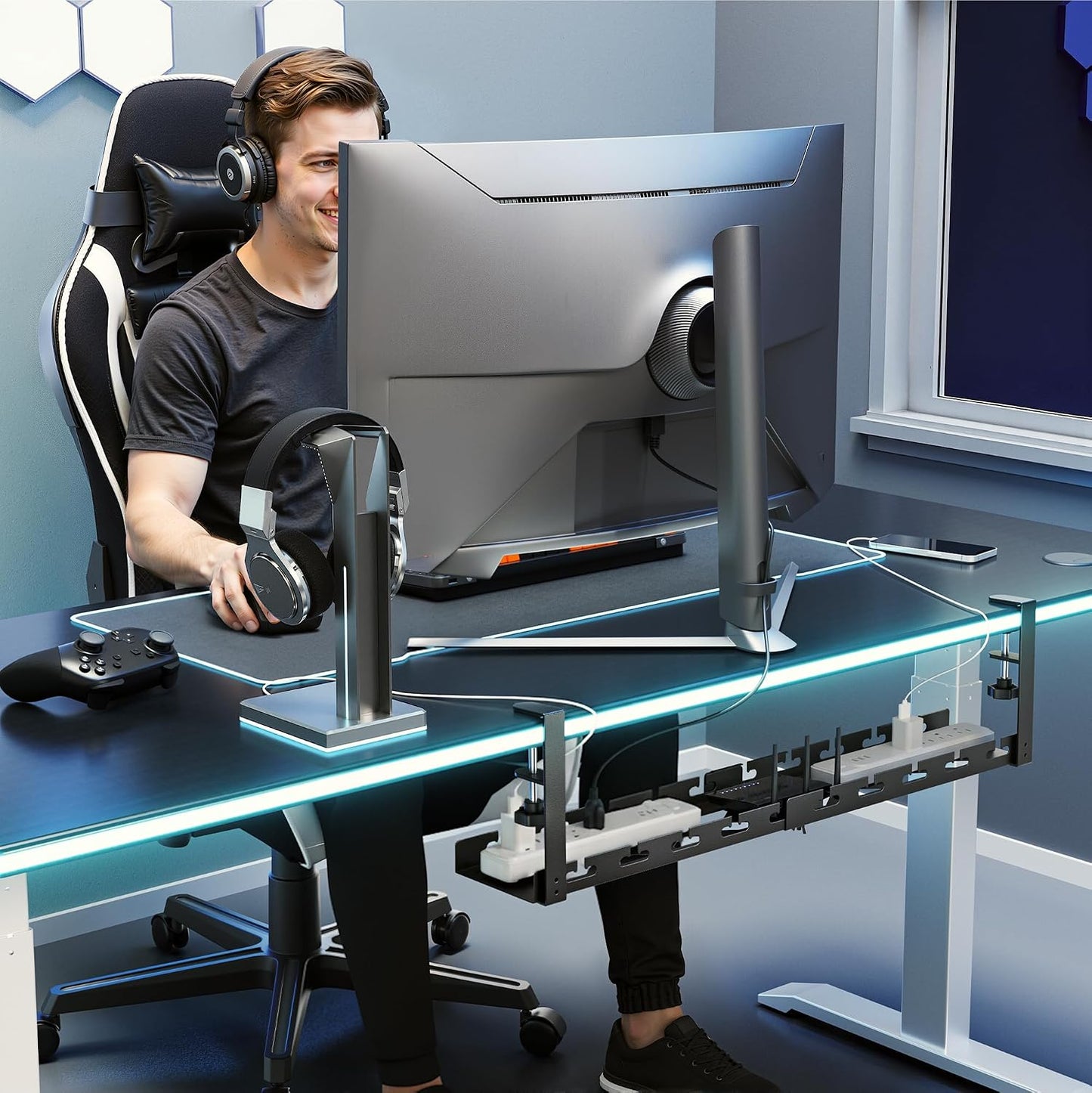 ARES WING 17"-28.7" Extendable Under Desk Cable Management Tray, No-Drill | Clamp-on Metal Cord Organizer with Cable Slots, Holds up to 11 lbs Desk Storage for Office and Gaming Accessories, Black