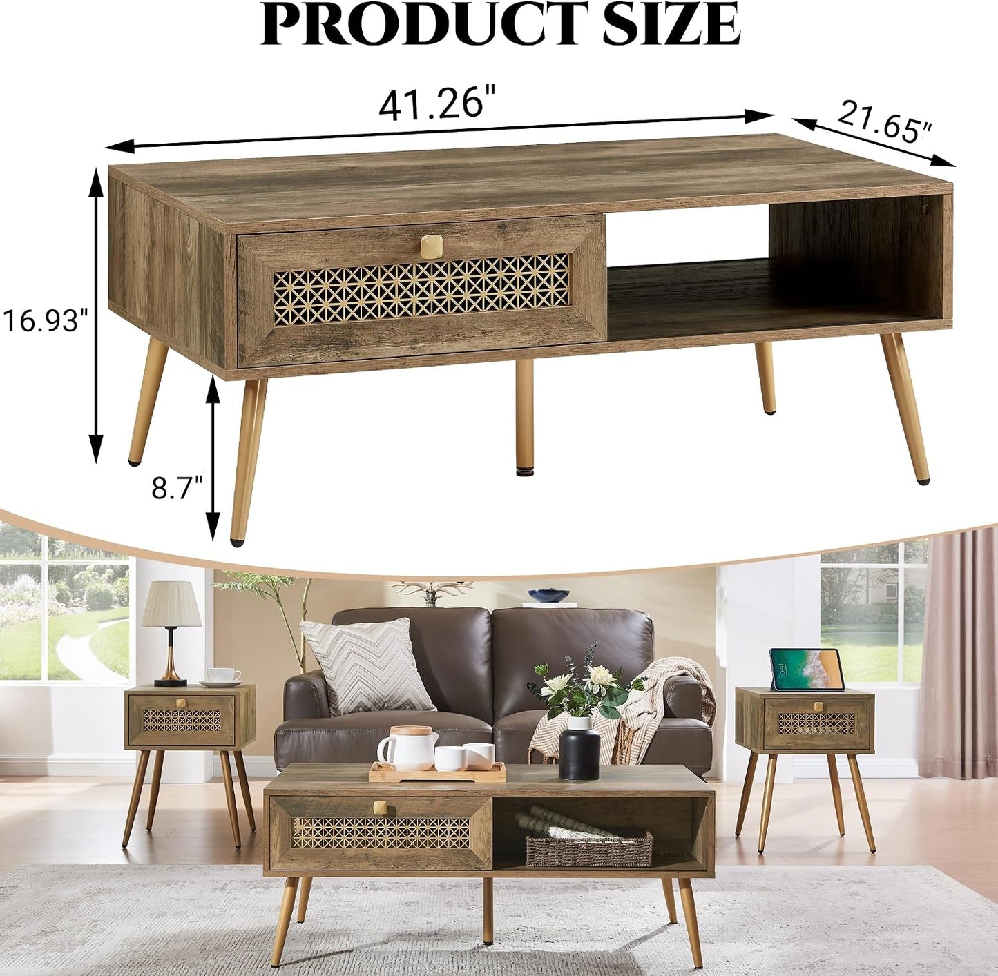 Mid Century Modern Wood Coffee Table, Retangle Coffee Table with Sliding Door for Living Room, Rustic Oak