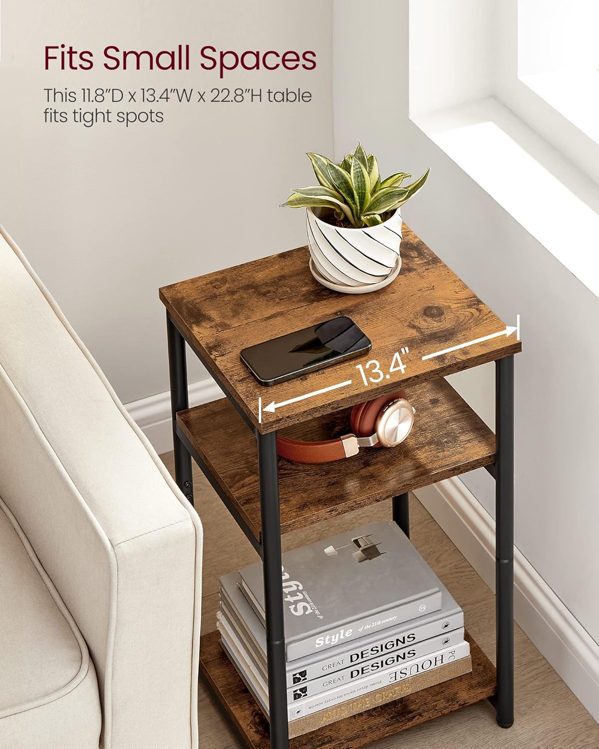 VASAGLE BARNET Collection - Side Table, Small End Table for Living Room, Modern Tall Nightstand, Bedroom, Office, Bathroom, Steel Frame, Rustic Brown and Ink Black ULET273B01