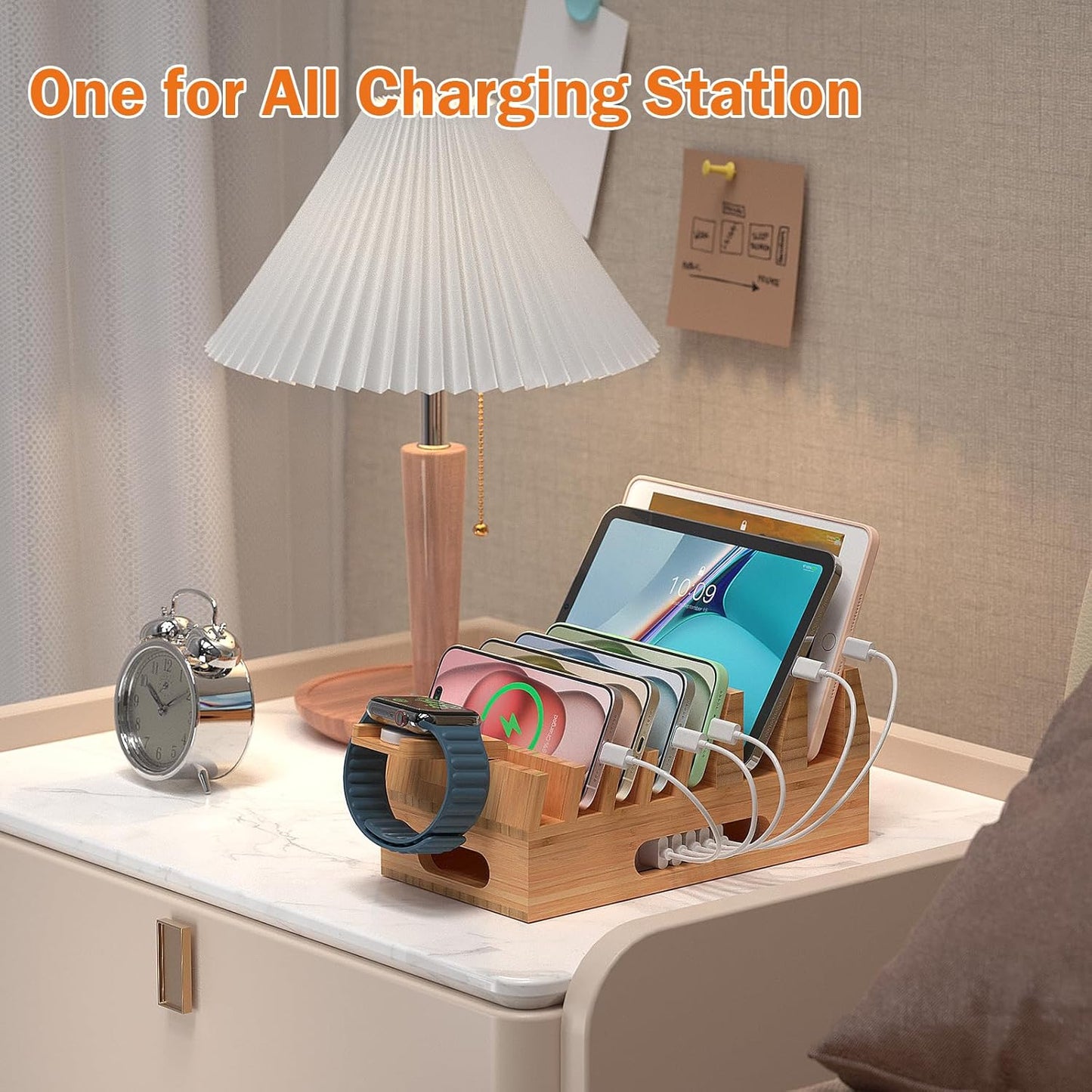 Pezin & Hulin Bamboo Charging Station with 5-Port USB Charger & 5 Cables | 7-Slot Wood Organizer, Magnetic Snap Assembly, Thick Base, Non-Slip Pads, Hidden Cord Box. Ideal for Home Office & Bedside