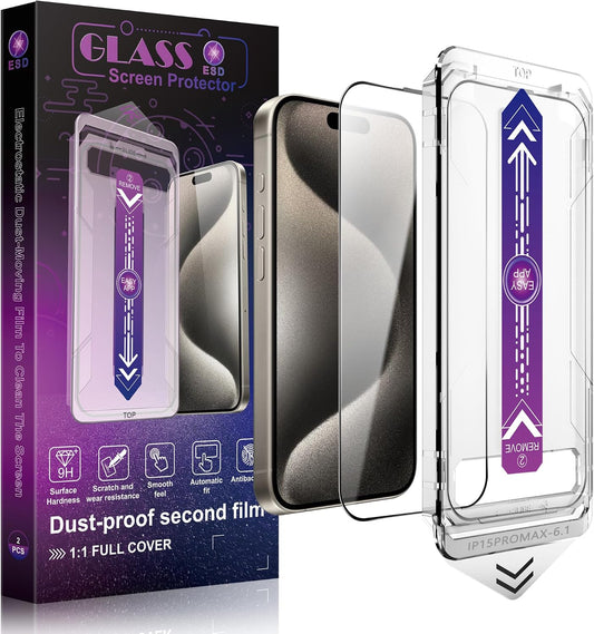 2 Pack Screen Protector Tempered Glass for iPhone 15 Pro Max 6.7-Inch Auto Dust Removal, No Bubbles, High Definition Clear, Easy Installation