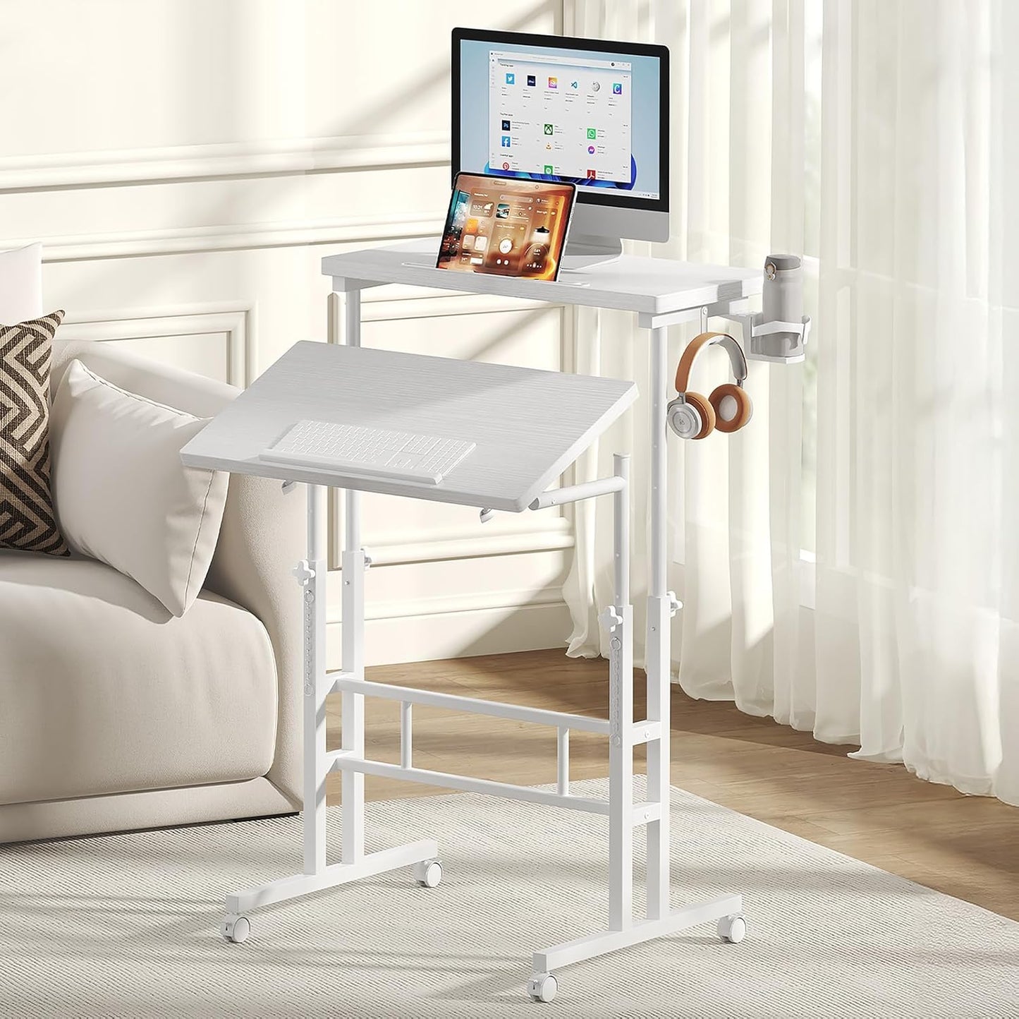 DUMOS Split Top Rolling Standing Desk 23.6 Inch Mobile Laptop Workstation Manual Height Adjustable Sit Stand Office Table Walking Pad Study Surface Portable Home Office Computer Cart White