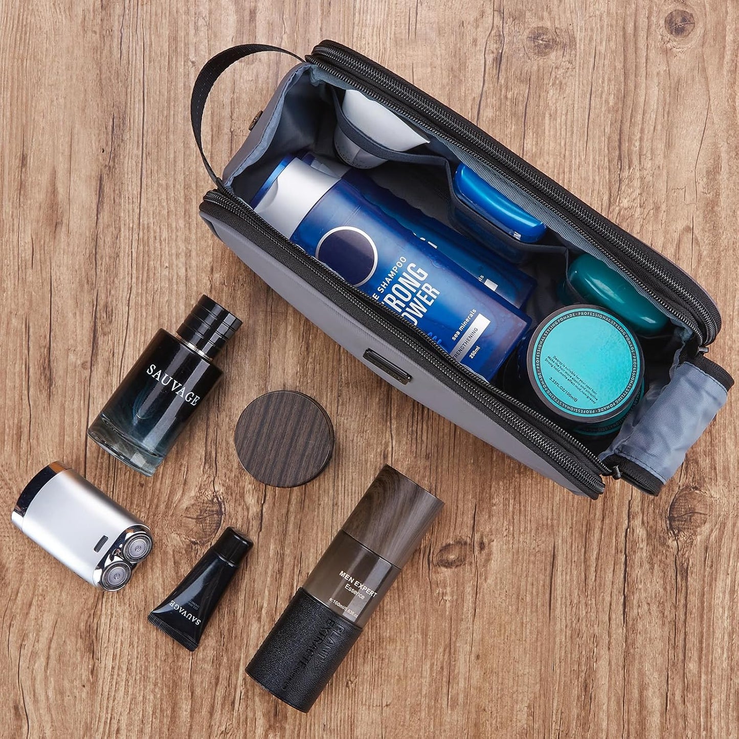 ZEEMO Travel Toiletry Bag for Men, Medium Water-Resistant Double-Sided Full-Open Dopp Kit, Versatile Organizer for Shower and Hygiene Accessories, Bathroom Essentials, Cosmetics, Grey