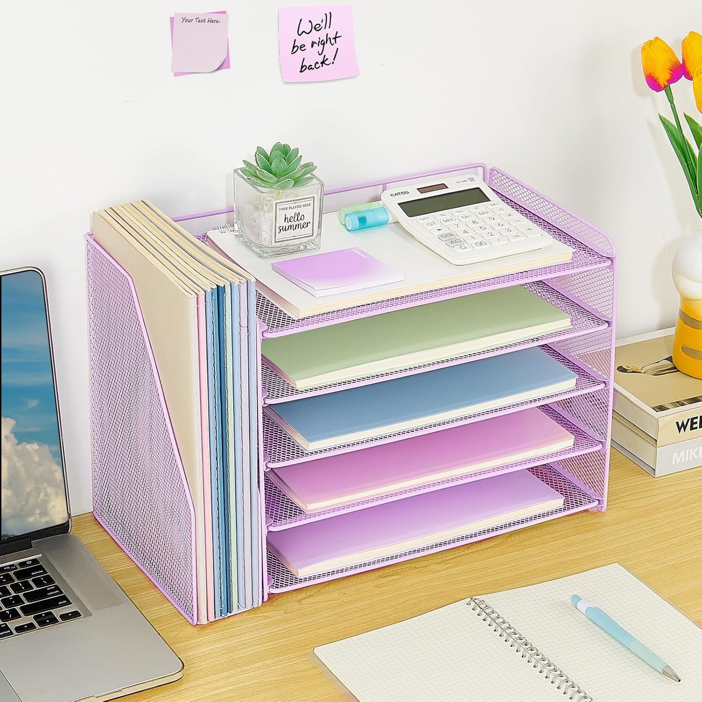 OPNICE Desk Organizer, 5-Tier Paper Organizer Letter Tray with Magazine Holder, Office Desk Accessories & Workspace Organizers, Desktop File Organizer for Office Supplies Storage, Purple