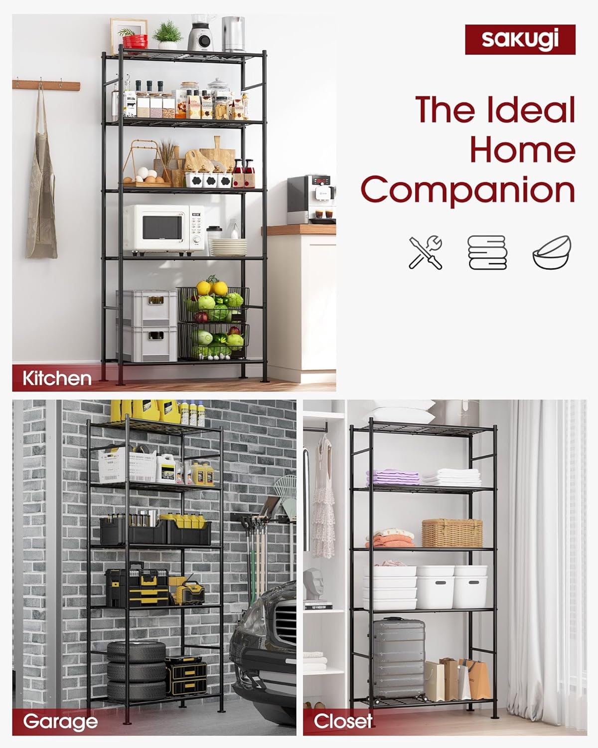 Sakugi Storage Shelves - 5 Tier Shelf Organizer, Heavy Duty Garage Shelving Unit with Leveling Feet, Stable Metal Shelves Organizer for Pantry, Kitchen and Closet, 33.0" W x 12.6" D x 72.0" H, Black