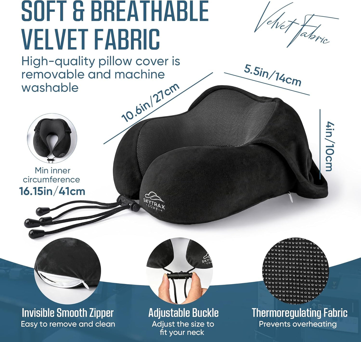 SkytraxComf® Travel Neck Pillow with Hood for Privacy on Long Flights | Memory Foam | Airplane Sleep | Safety-Tested Materials | Extra Large Hood | Chin Support | Earplugs | Washable Cover