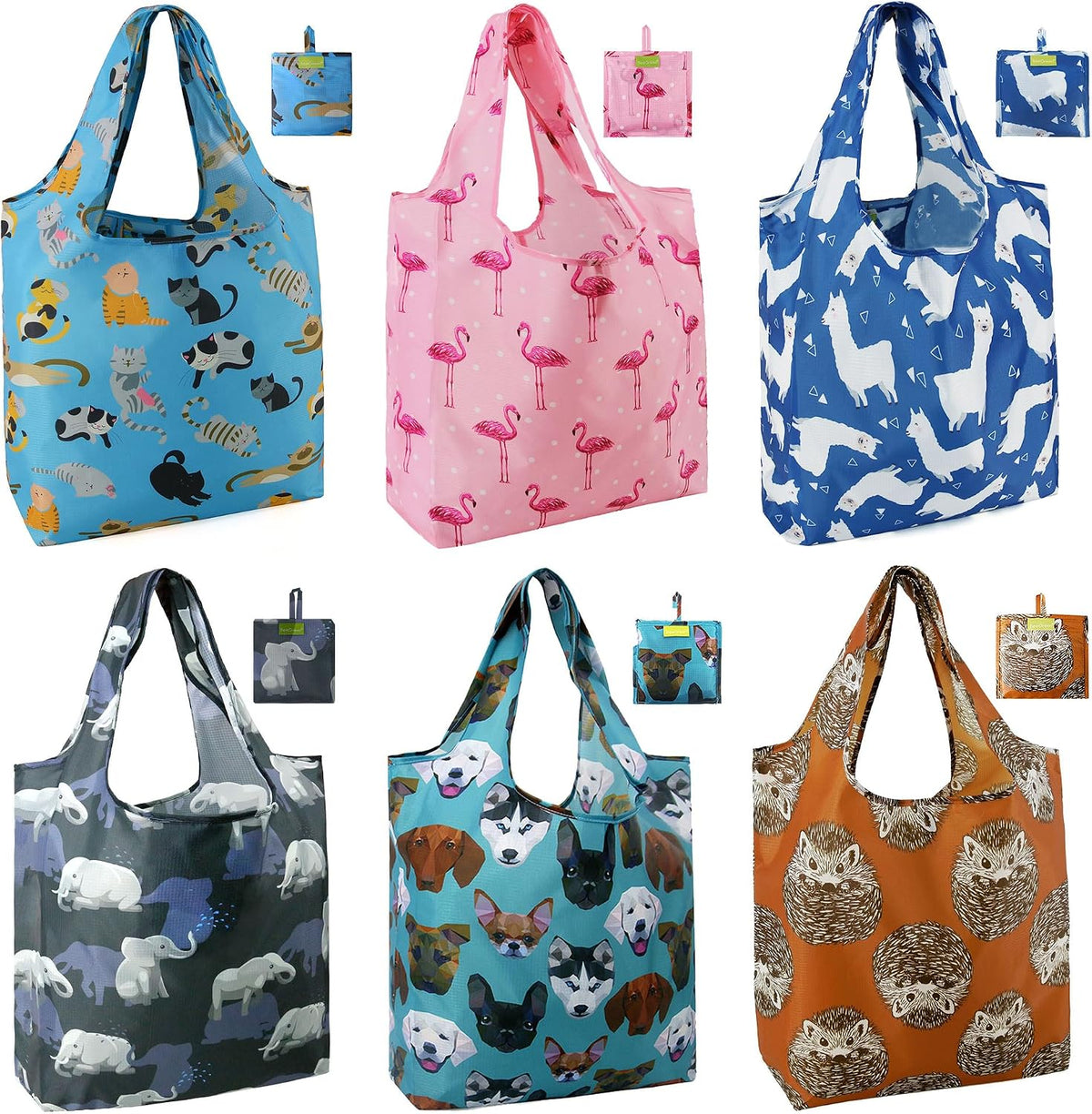 BeeGreen Shopping Bags Cloth Grocery Bags Foldable Travel Bag Tote Bags Bulk - Reusable Gift Bags with Handles (6 Pack) - Heavy Duty Large Washable Animal Holiday Design for Women Travel & Groceries
