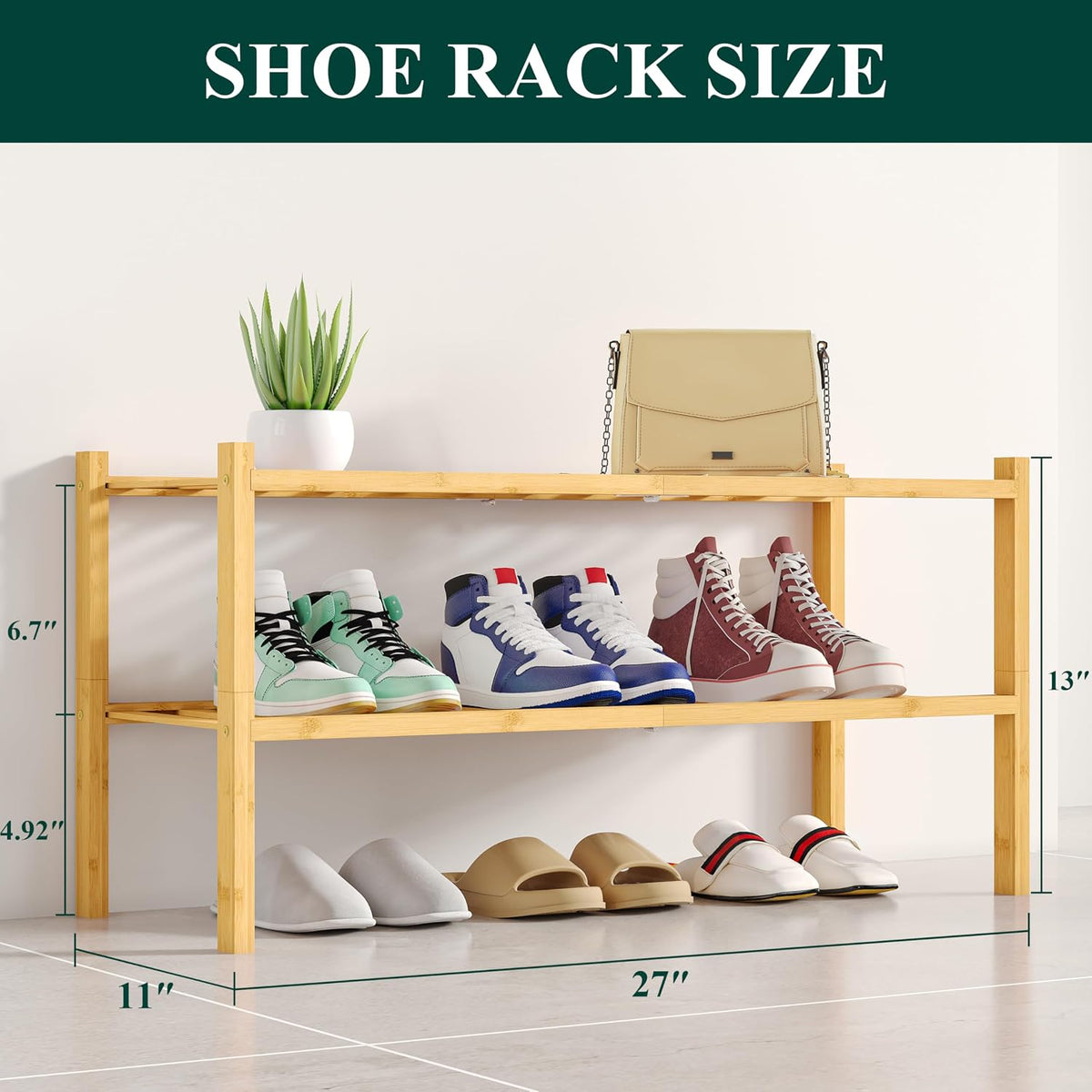 Smiry Bamboo Shoe Rack, 12 Vertical Slats, 2 Tier - 26.8" Wide, Natural