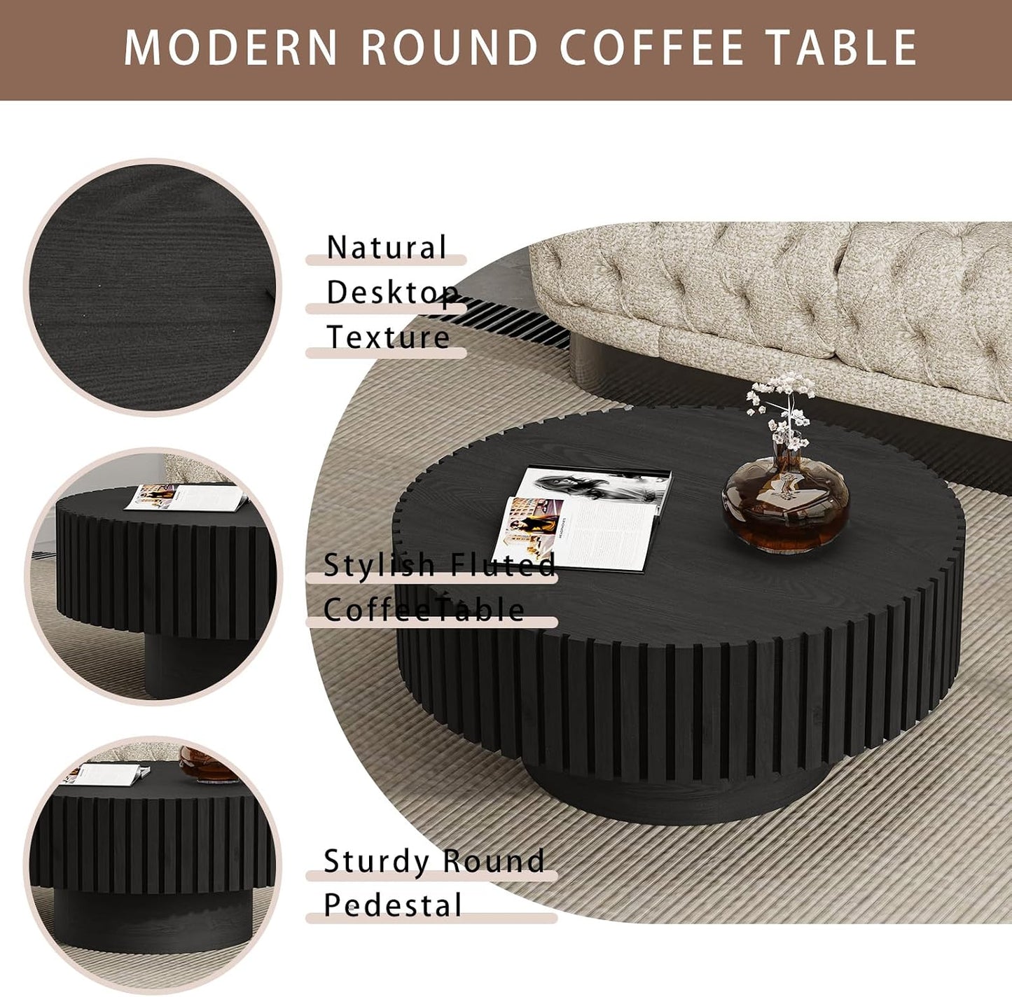 Modern Round Coffee Table for Living Room (Round Black) | Drum Round Fluted Coffee Table, Circular Pedestal Center Table, for Office Patio