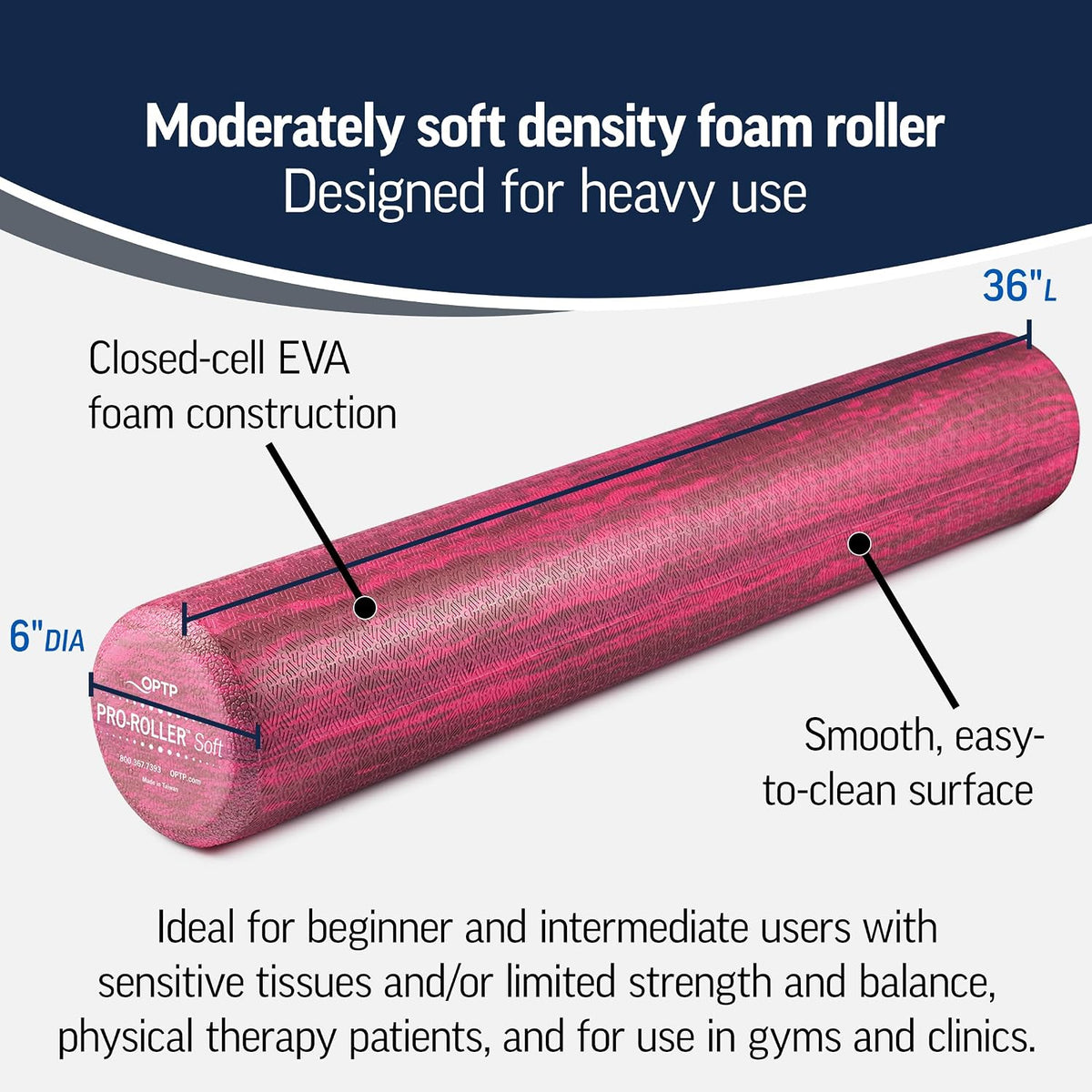 OPTP PRO-Roller Soft Density Foam Roller – Round, Pink, 36" x 6"