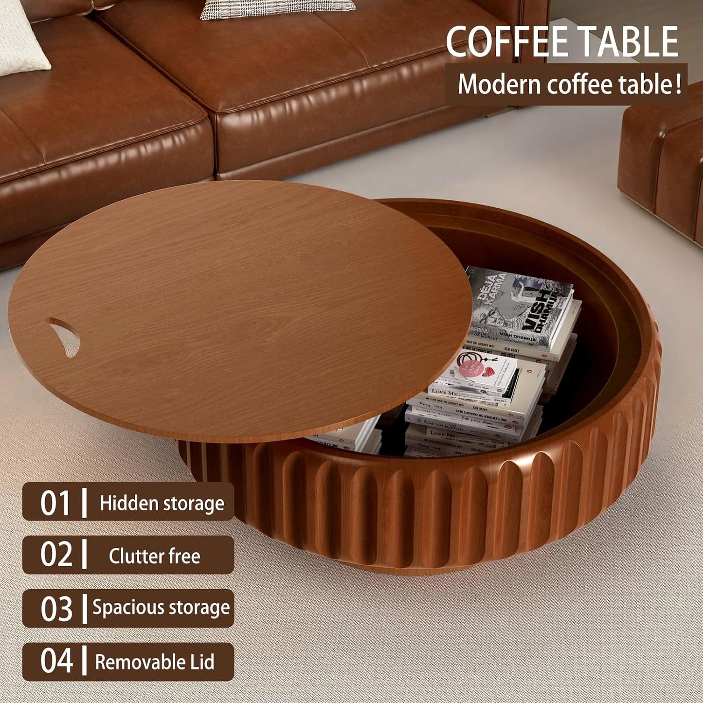 31.5" Round Fluted Coffee Table with Hidden Storage (31.5" Brown) | Round Wooden Coffee Table with Solid Wood Veneered, Gear Center Table, Drum Tea Table for Living Room Apartment