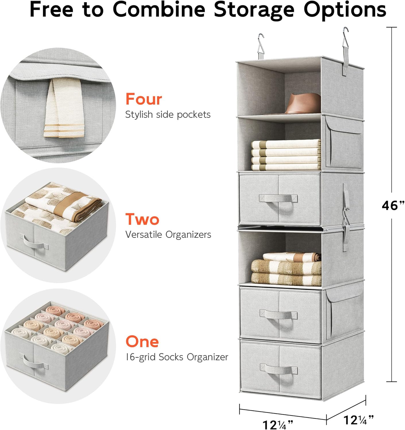 Vailando 6-Shelf Hanging Closet Organizer with 3 Drawers, 2 Separable 3-Shelf Closet Organizers and Storage for Wardrobe Organization, Hanging Dresser for Nursury & Dorm Clothes Organizer