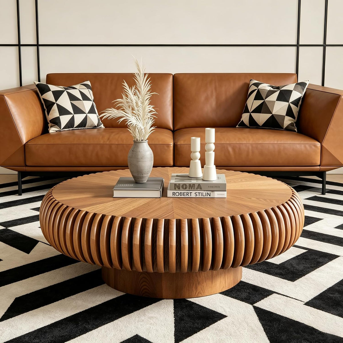 39 inch Brown Round Fluted Wood Drum Coffee Table (J, 1PC)